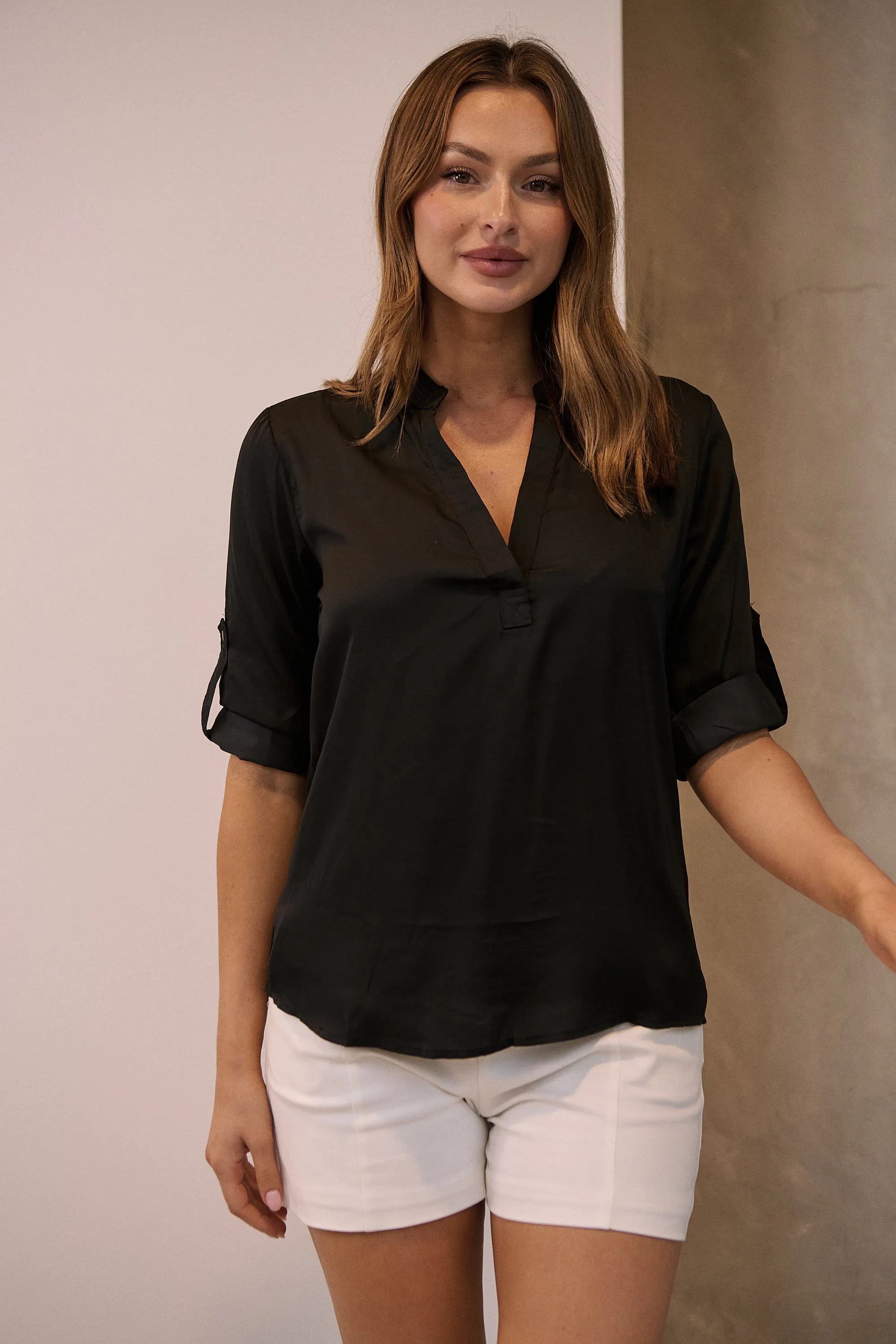 Brialla Black Satin Roll sleeve shirt