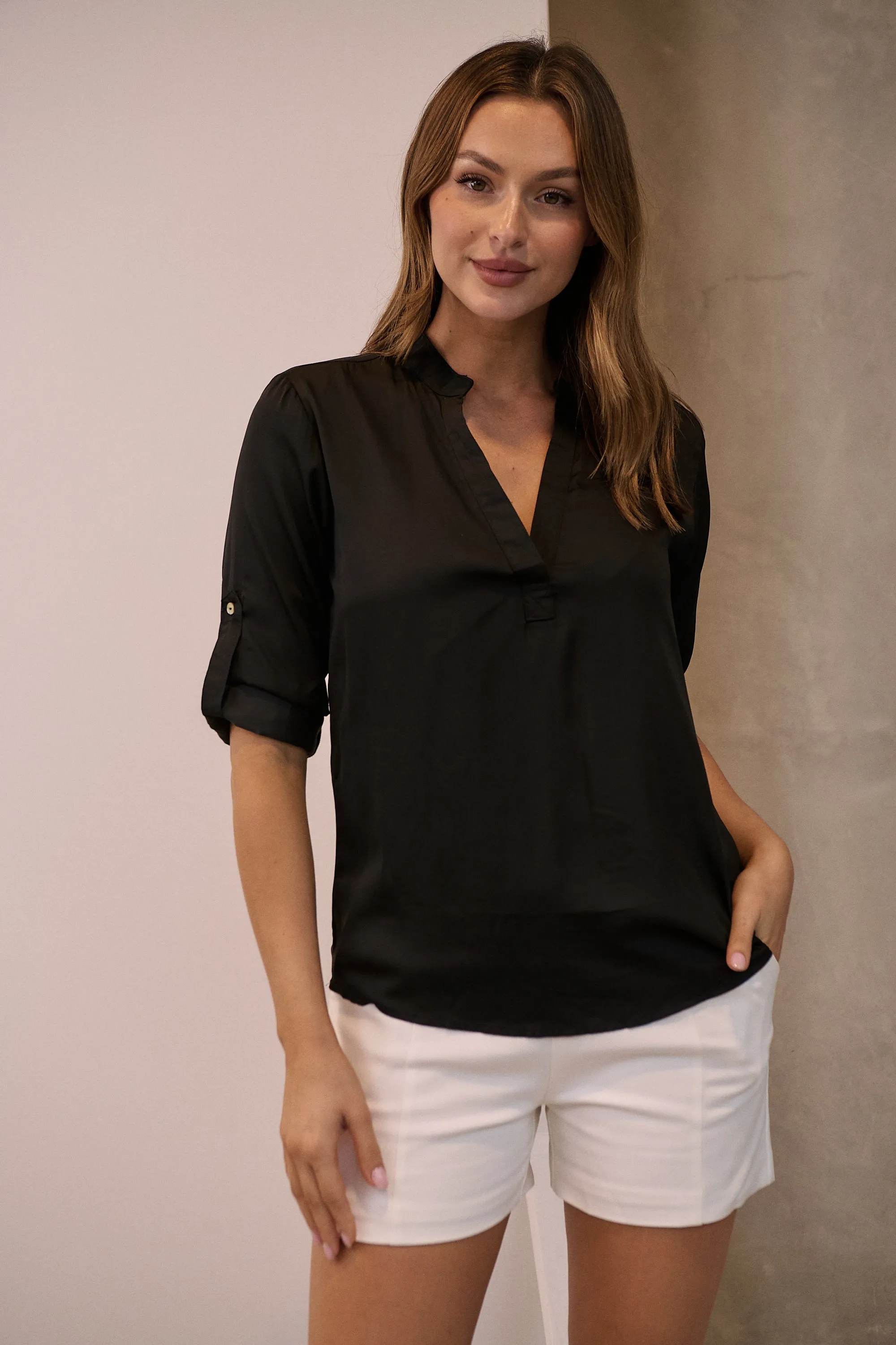 Brialla Black Satin Roll sleeve shirt