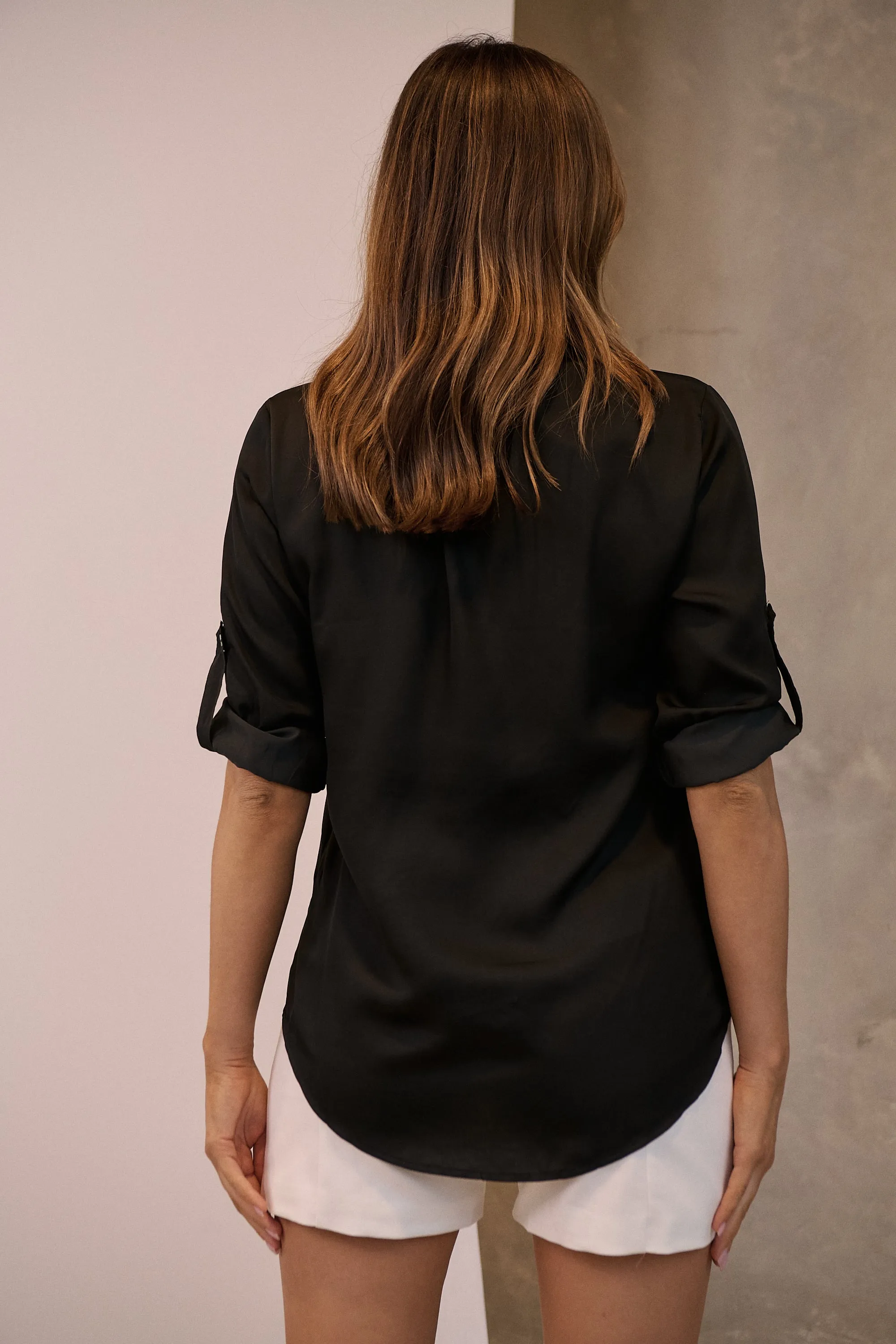 Brialla Black Satin Roll sleeve shirt