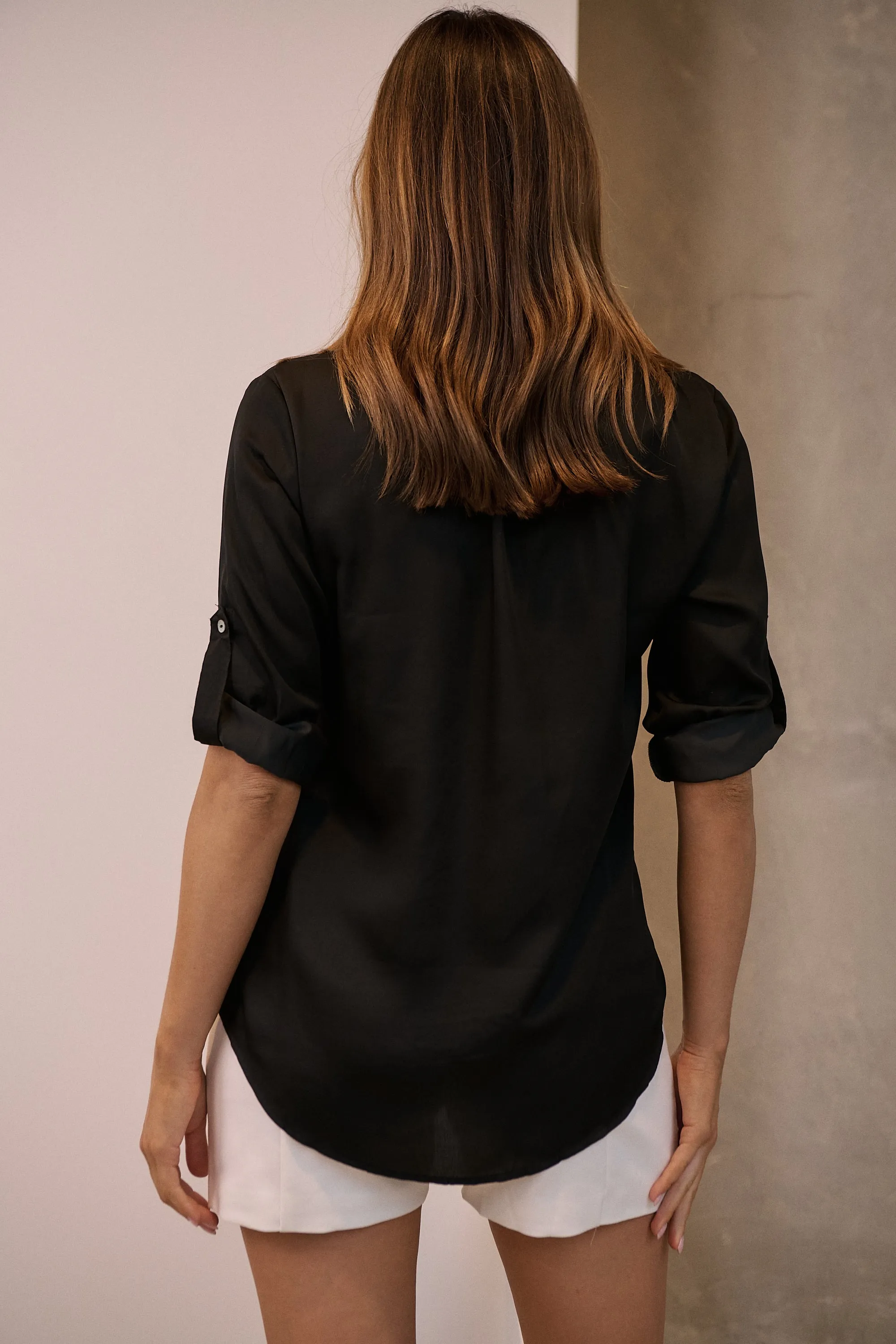 Brialla Black Satin Roll sleeve shirt