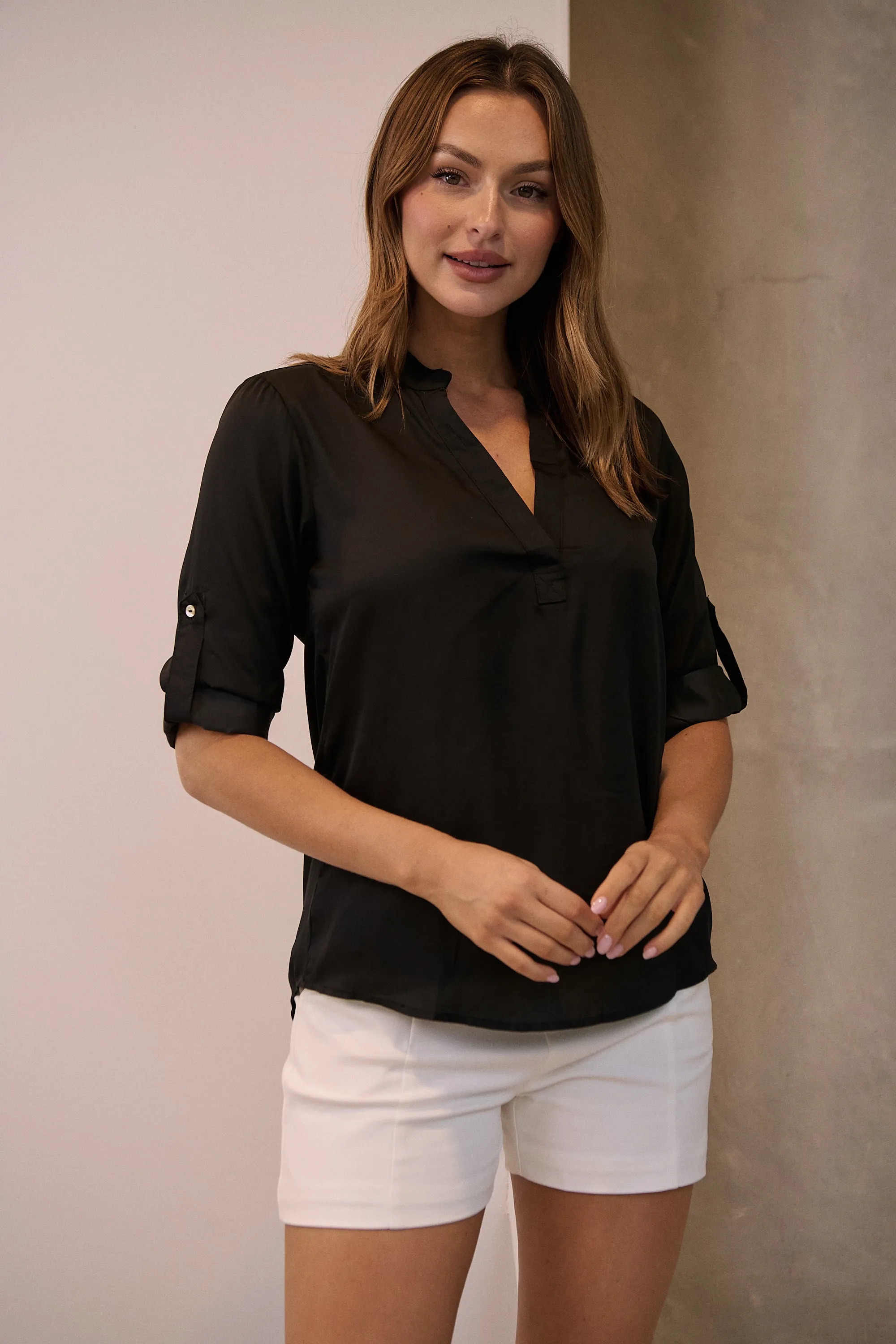 Brialla Black Satin Roll sleeve shirt