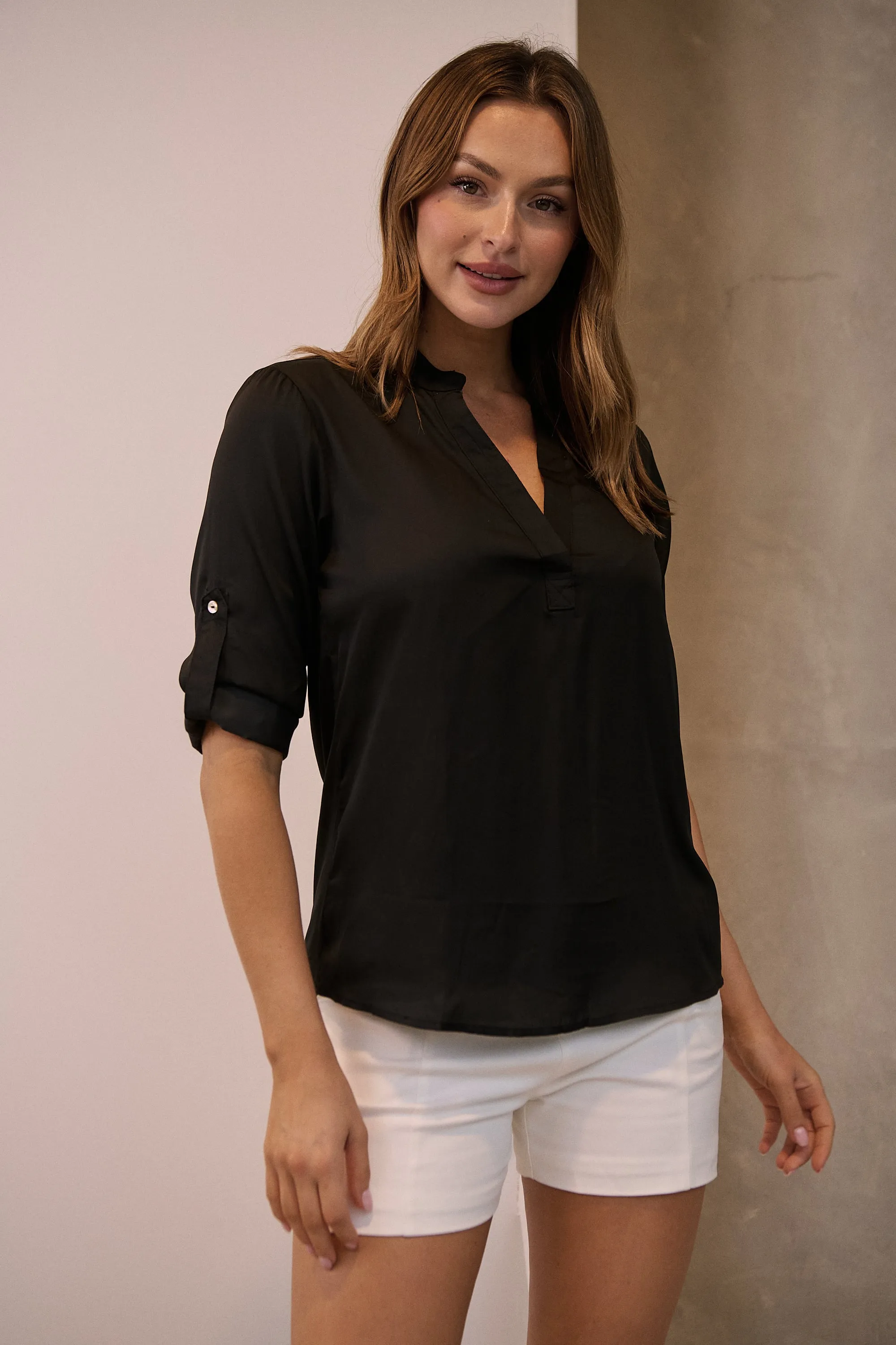 Brialla Black Satin Roll sleeve shirt