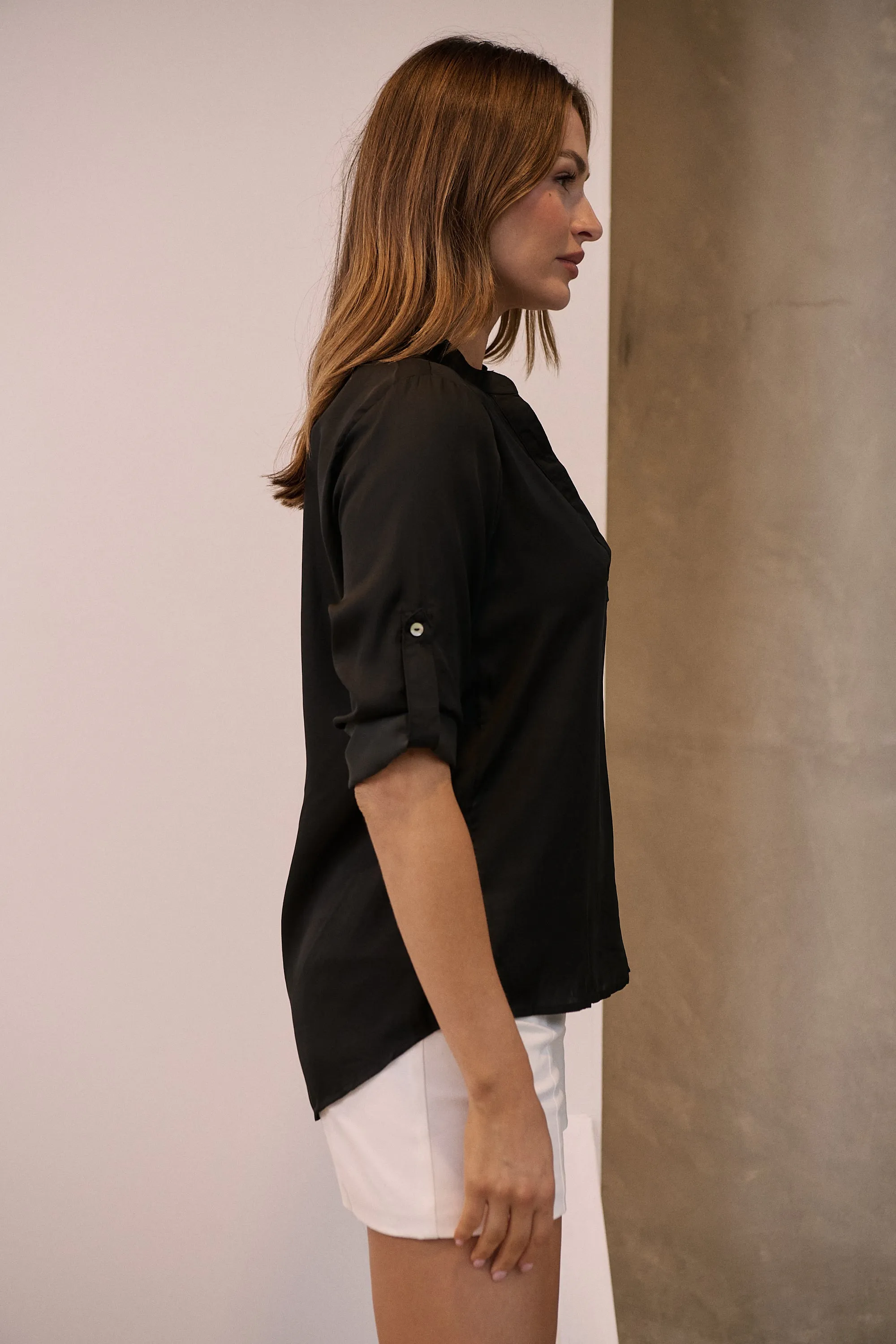 Brialla Black Satin Roll sleeve shirt