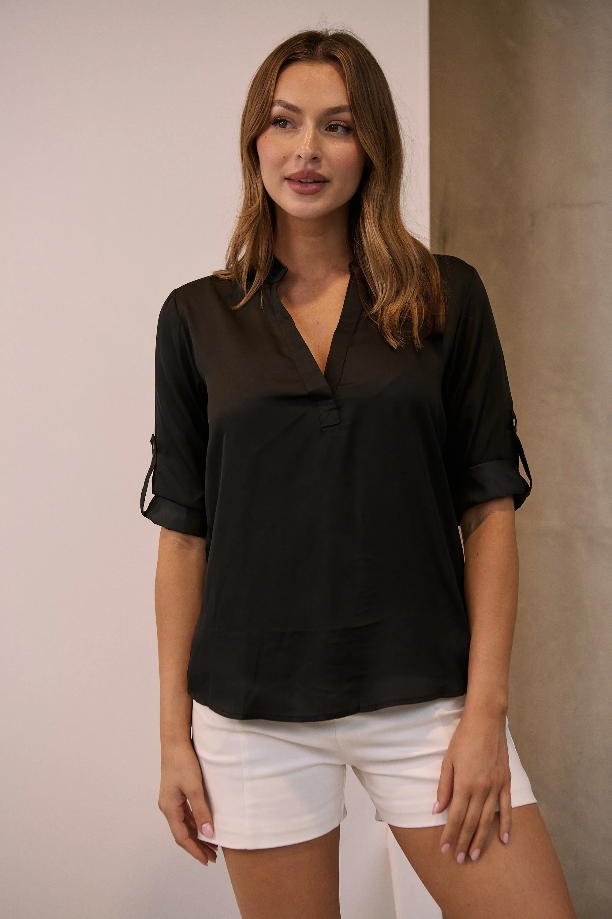 Brialla Black Satin Roll sleeve shirt