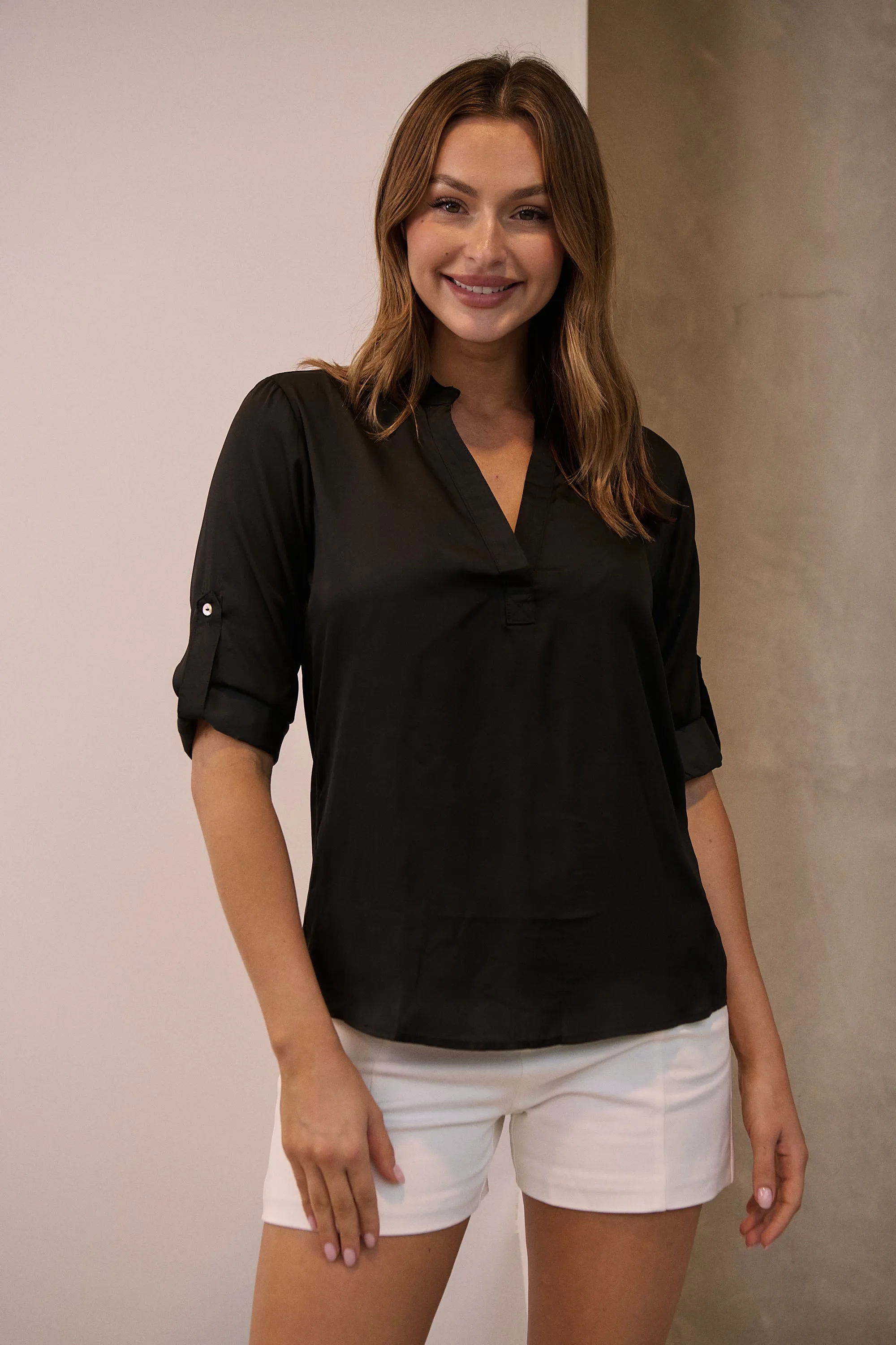 Brialla Black Satin Roll sleeve shirt