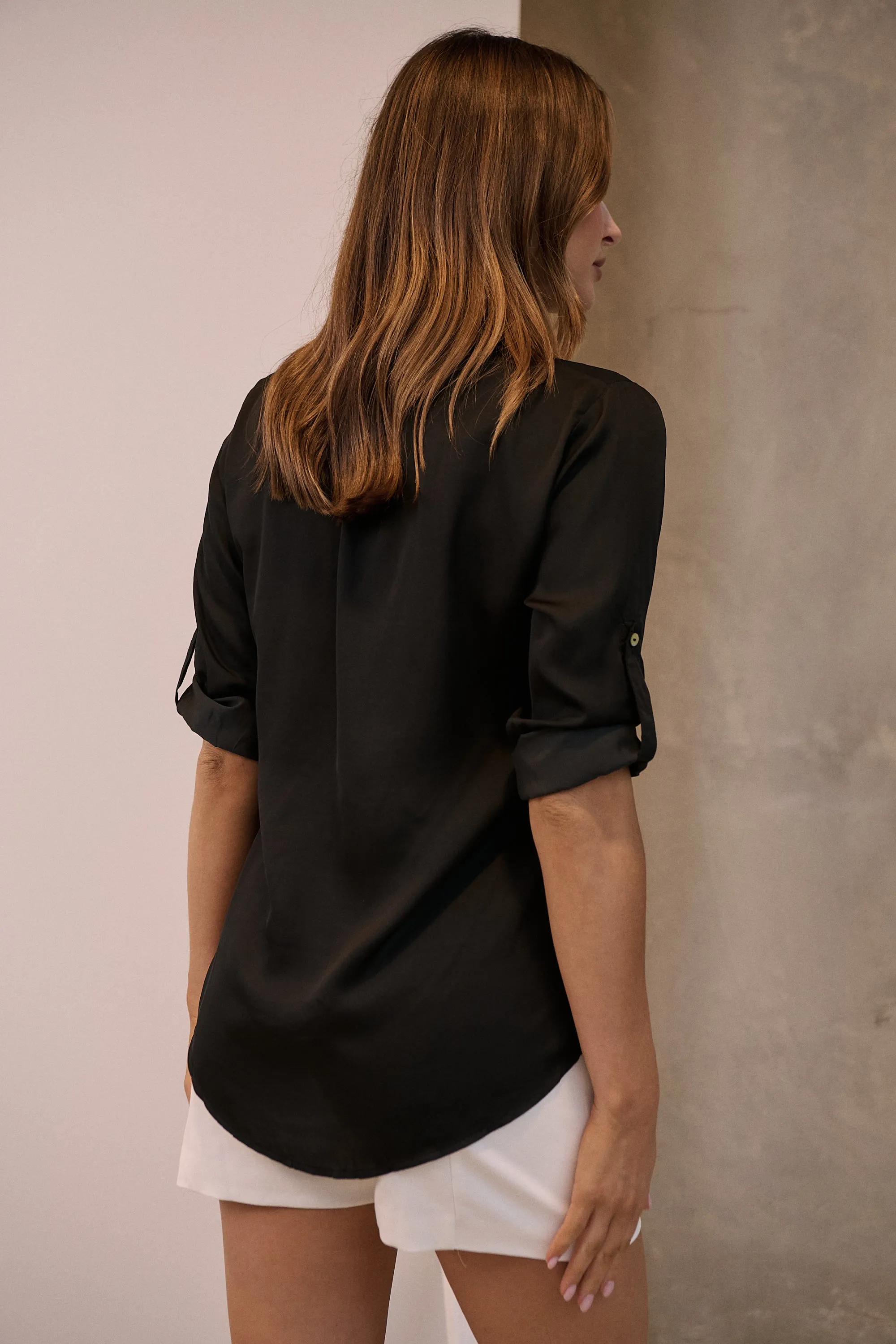 Brialla Black Satin Roll sleeve shirt