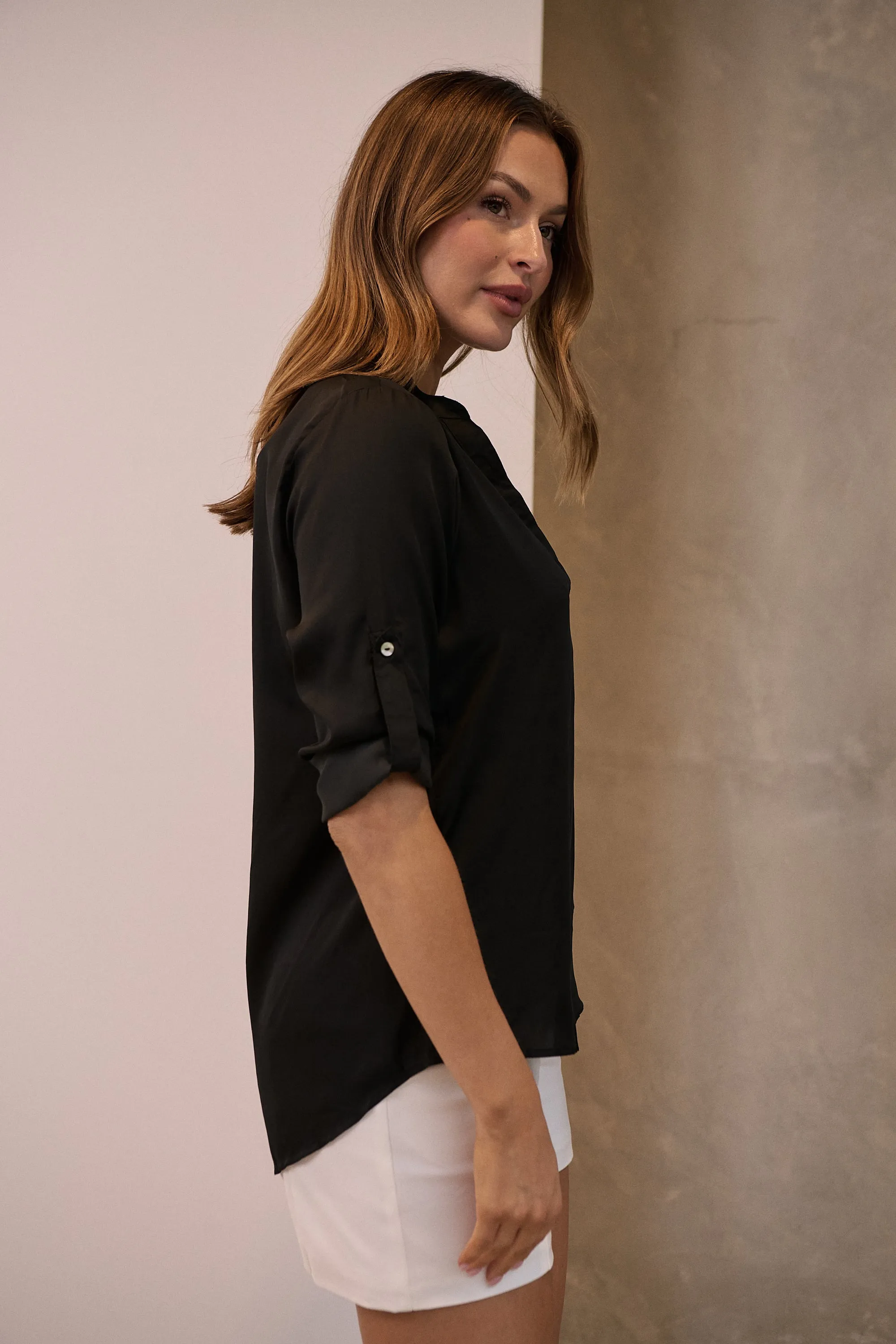 Brialla Black Satin Roll sleeve shirt