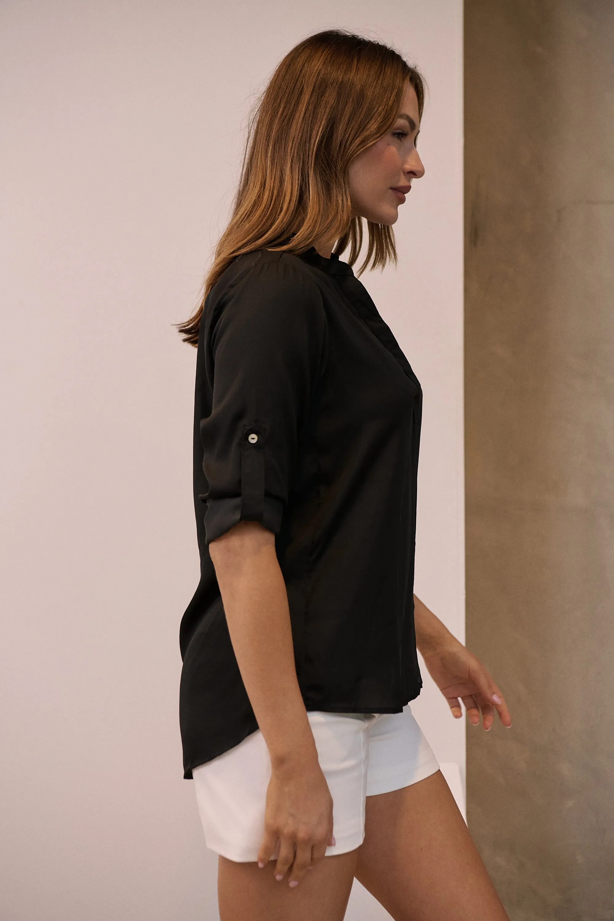 Brialla Black Satin Roll sleeve shirt