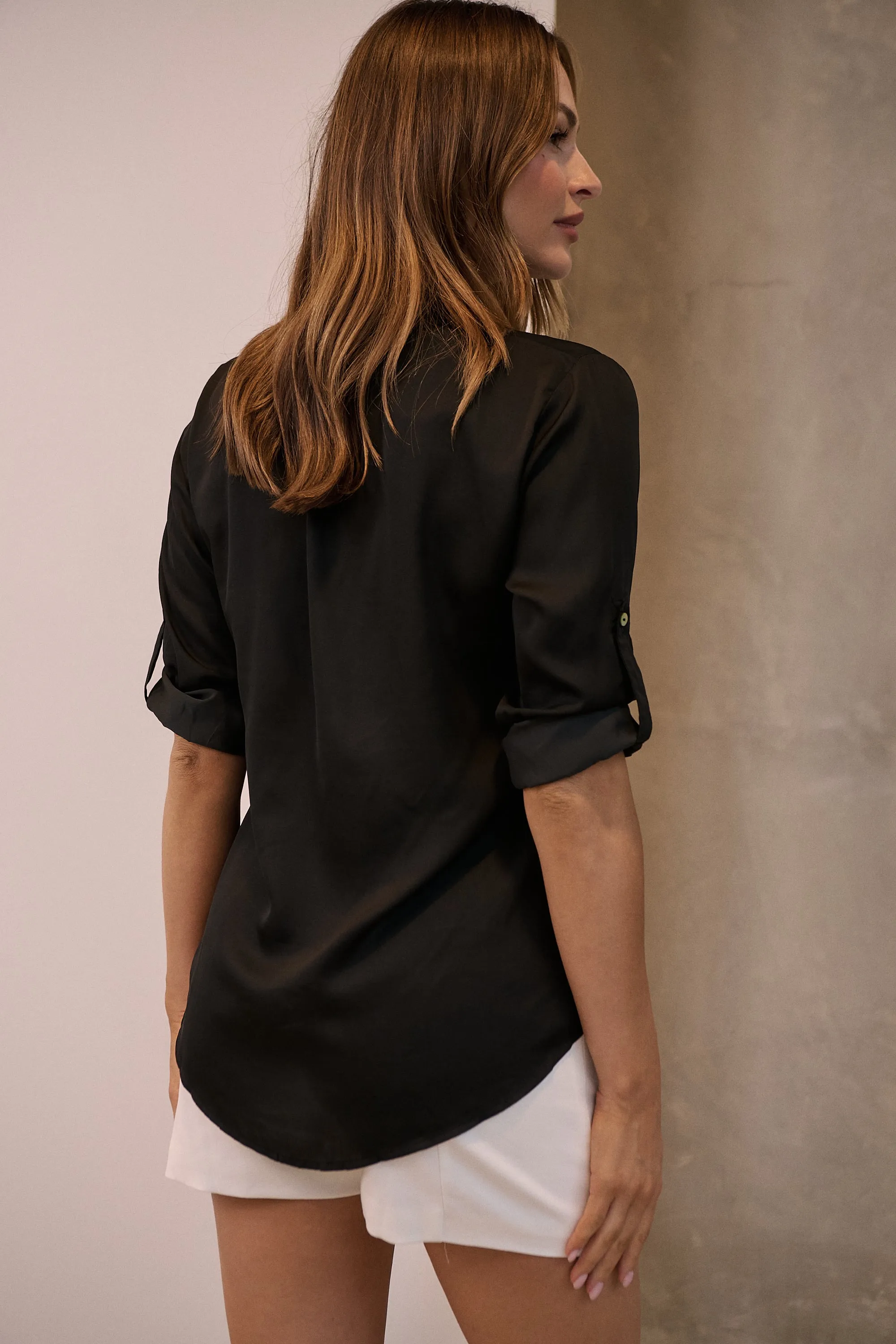 Brialla Black Satin Roll sleeve shirt