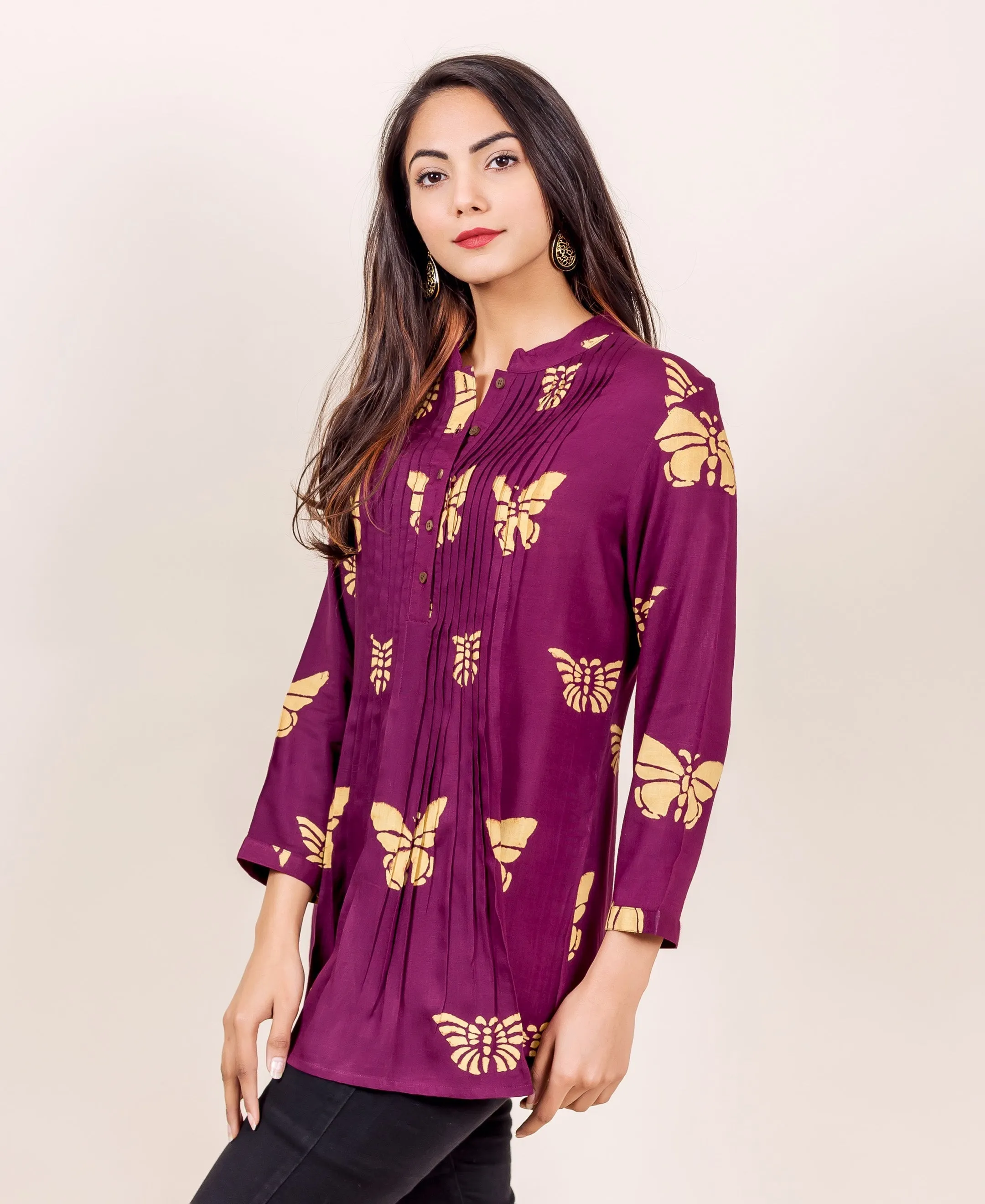 Burgundy Hand Block Printed Pleated Slub Top