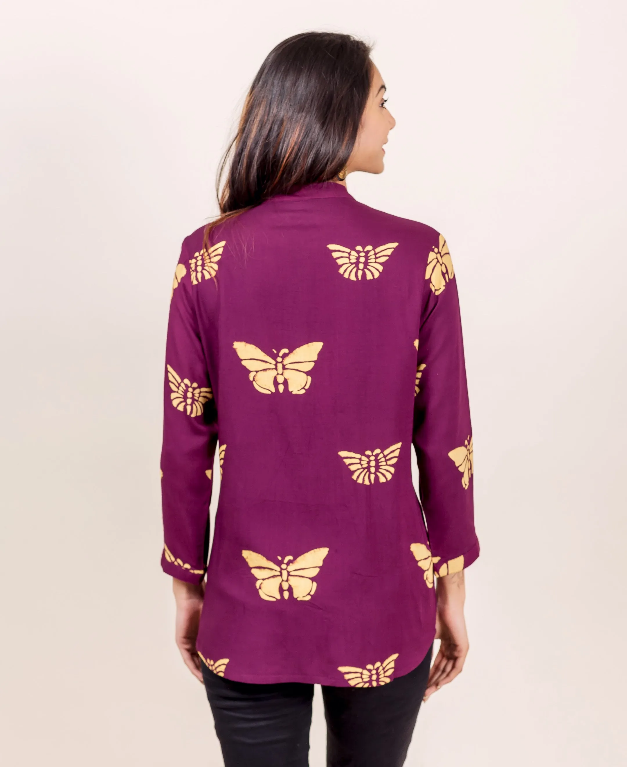 Burgundy Hand Block Printed Pleated Slub Top