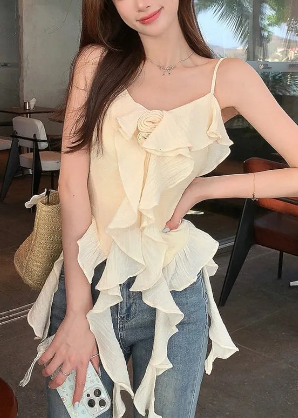 Chic Apricot Solid Ruffled Cotton Spaghetti Strap Tank Sleeveless EE1052