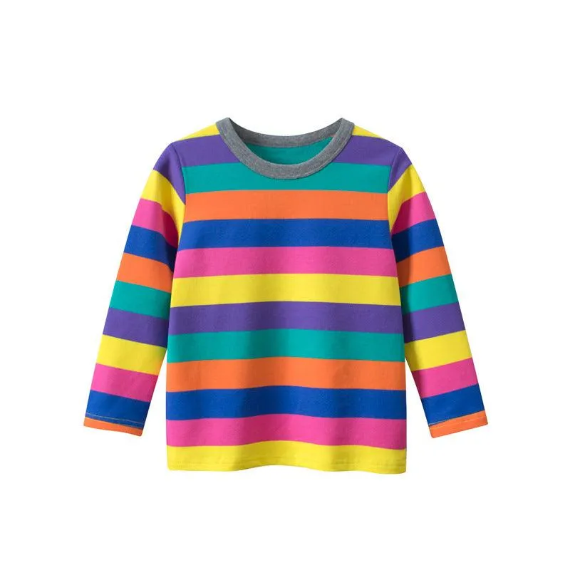 Children's Colorful Round Neck Striped Bottoming Shirt for Boys and Girls' Long Sleeved T-shirts