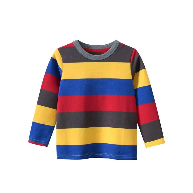 Children's Colorful Round Neck Striped Bottoming Shirt for Boys and Girls' Long Sleeved T-shirts