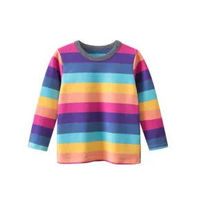 Children's Colorful Round Neck Striped Bottoming Shirt for Boys and Girls' Long Sleeved T-shirts