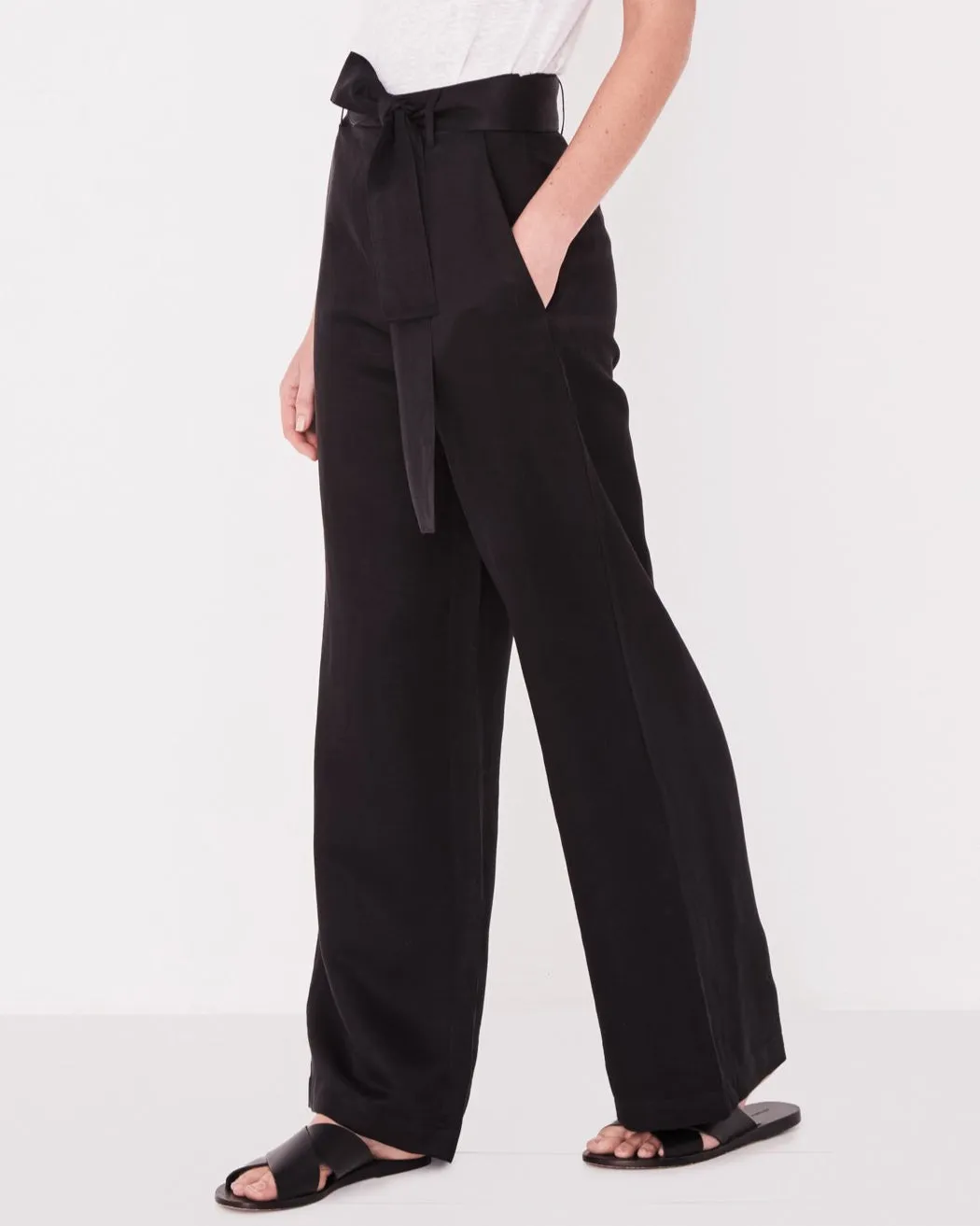 Column Cupro Belted Wide Leg Black Pant