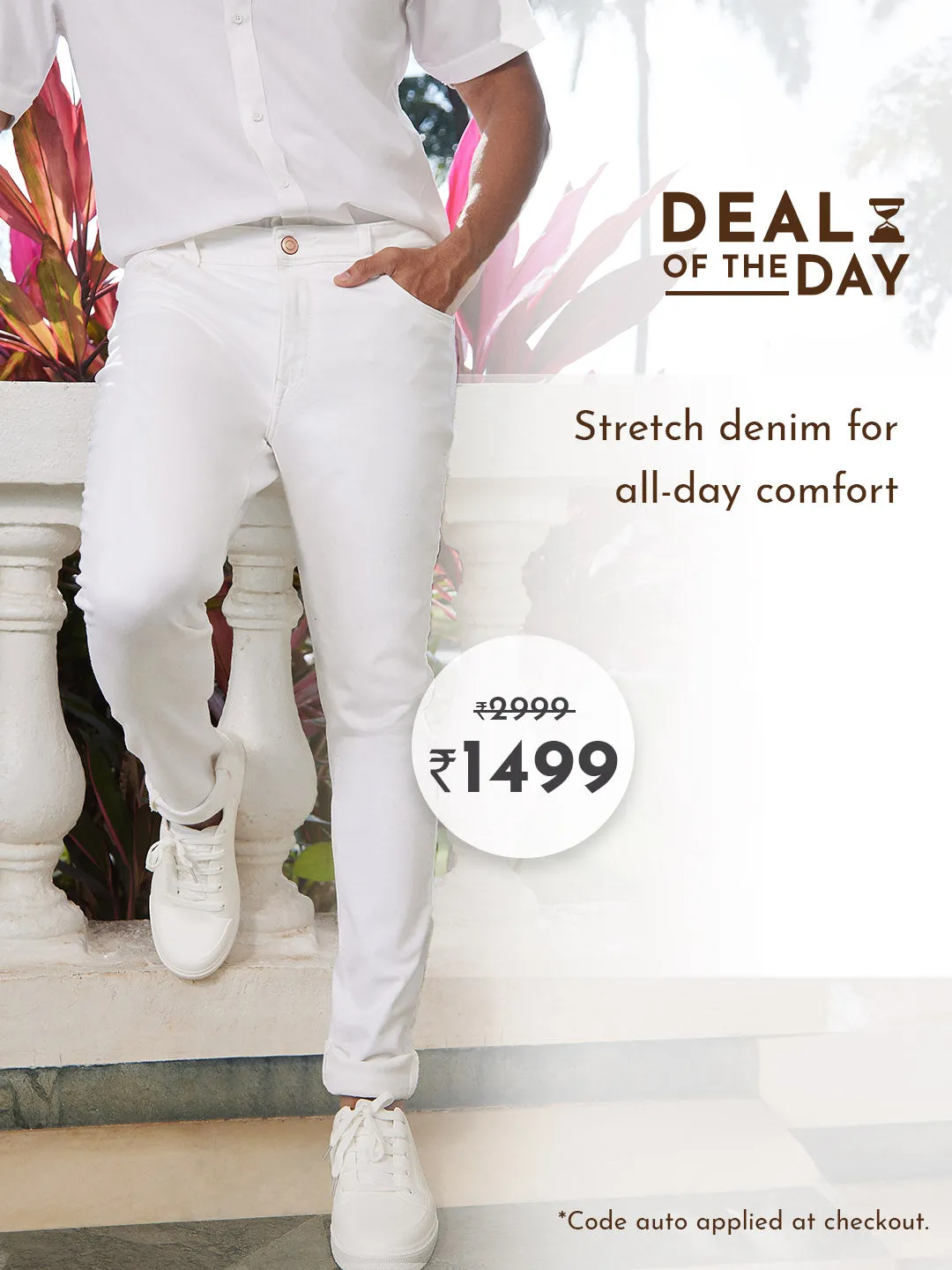 Contrast Button Stretch Cotton White Jeans - Saunter