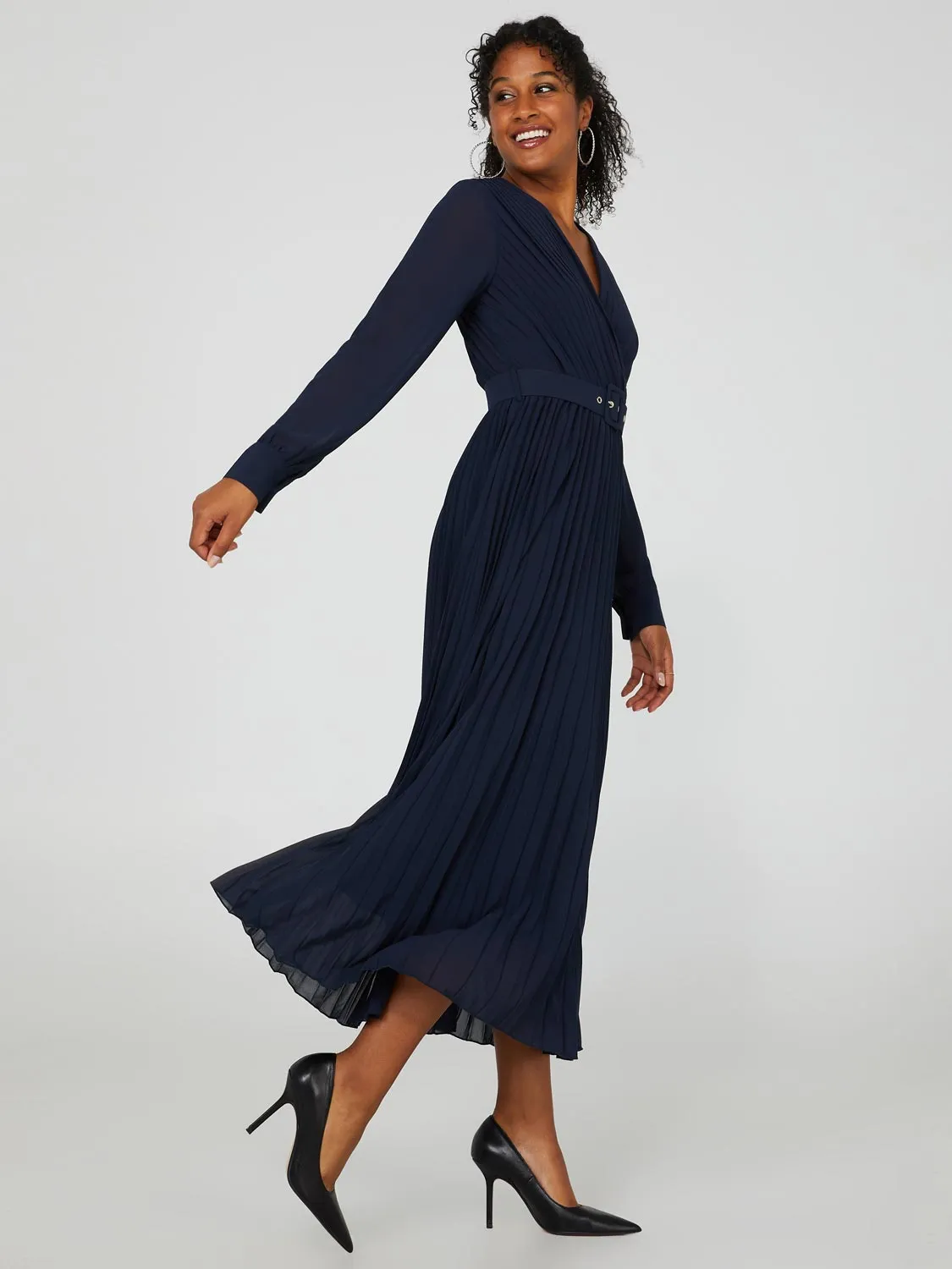 Crossover Pleated Midi Dress With Square Buckle Belt