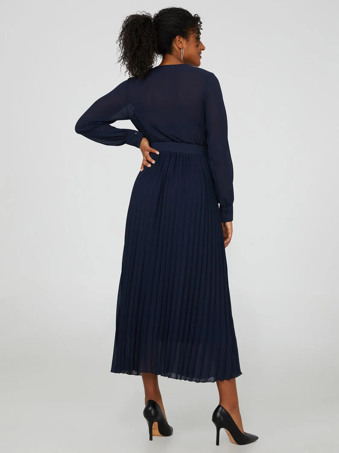 Crossover Pleated Midi Dress With Square Buckle Belt