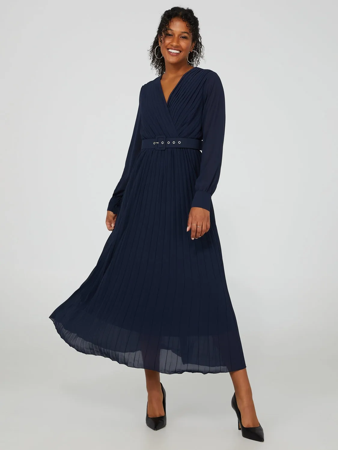 Crossover Pleated Midi Dress With Square Buckle Belt