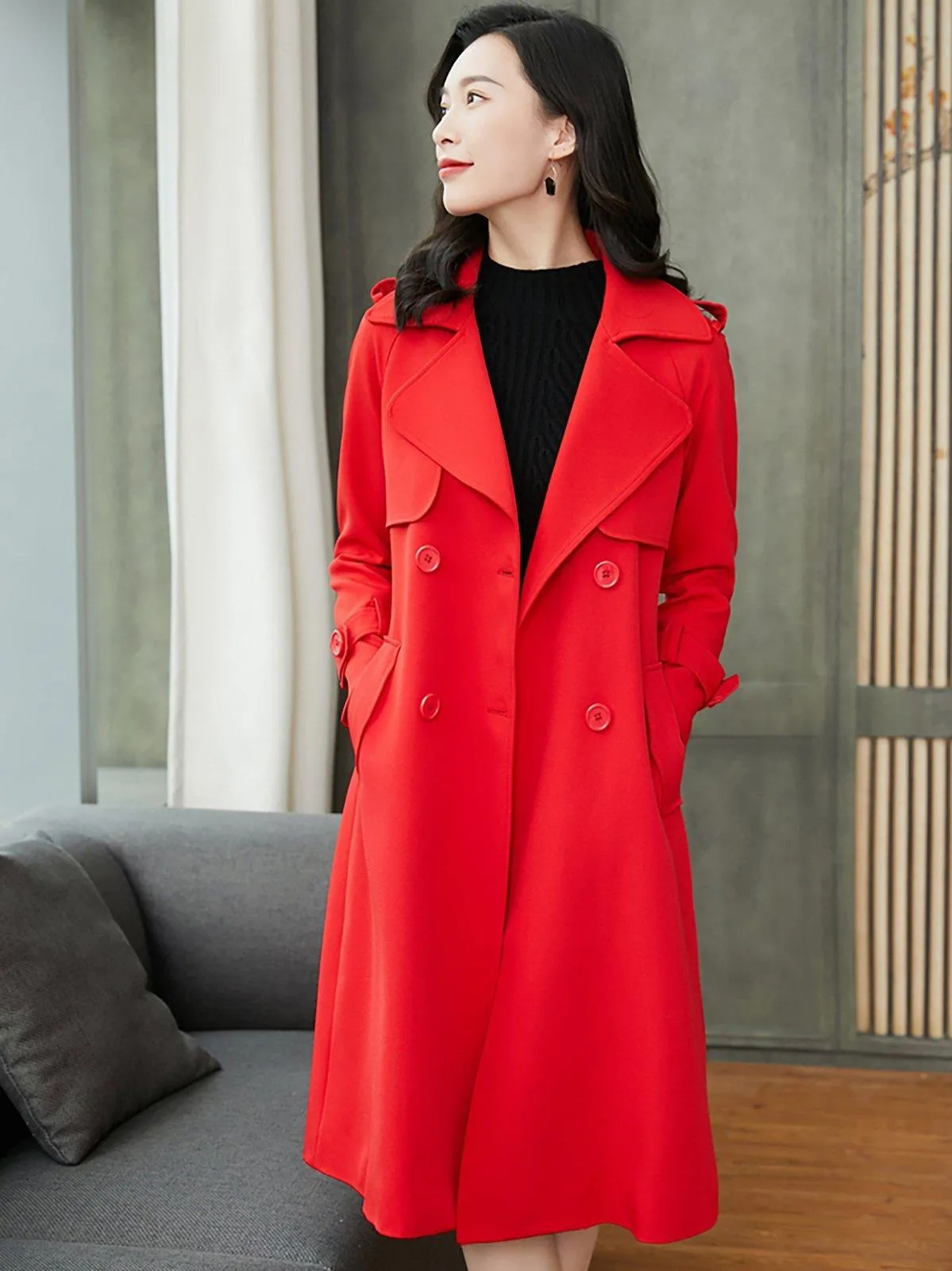 Custom Double Breasted Belted Red Trench Coat