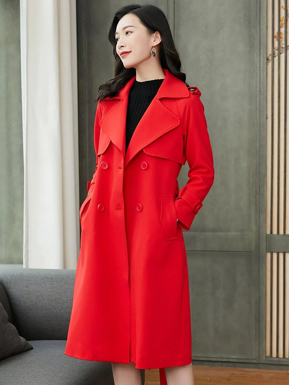 Custom Double Breasted Belted Red Trench Coat