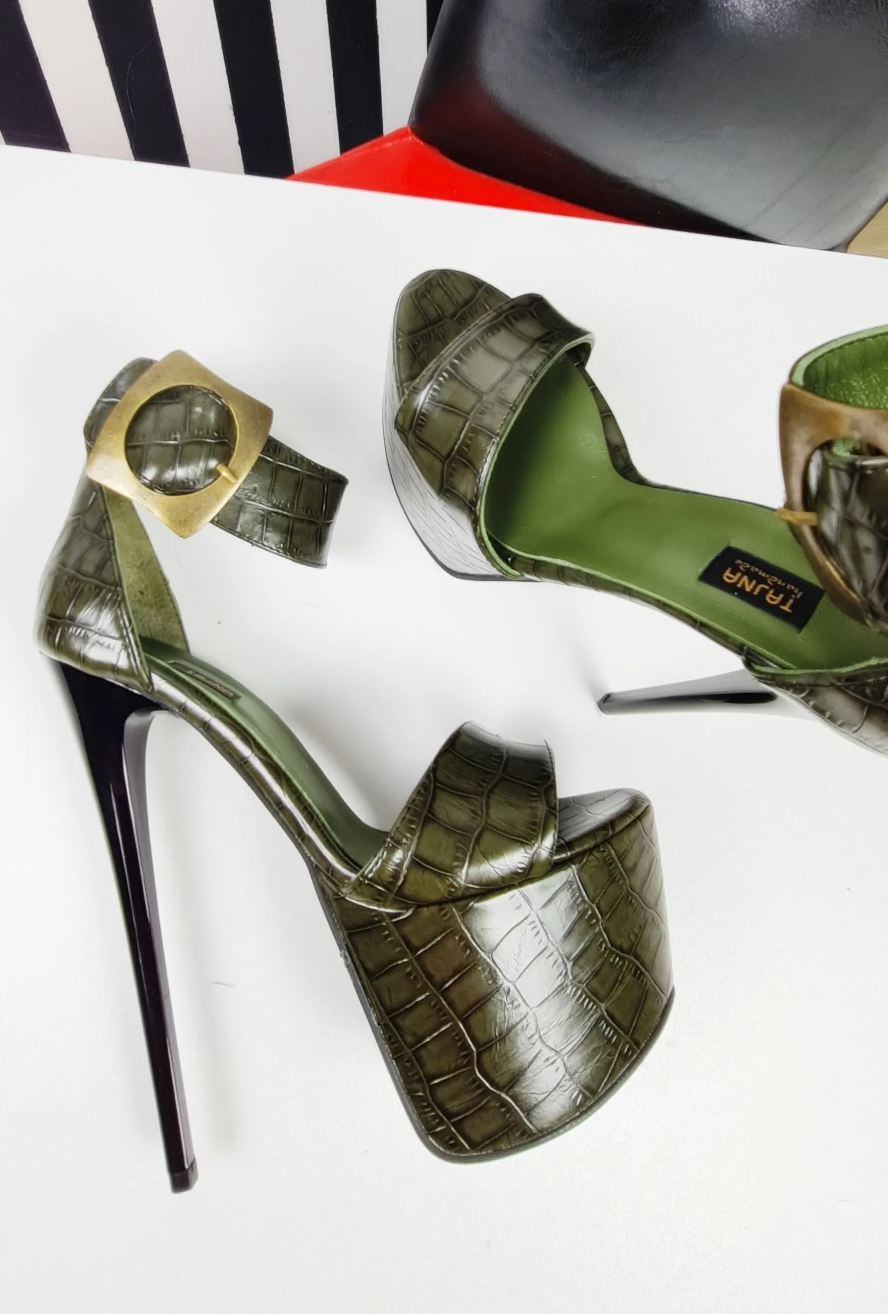 Dark Green Croco Belted High Heel Sandals