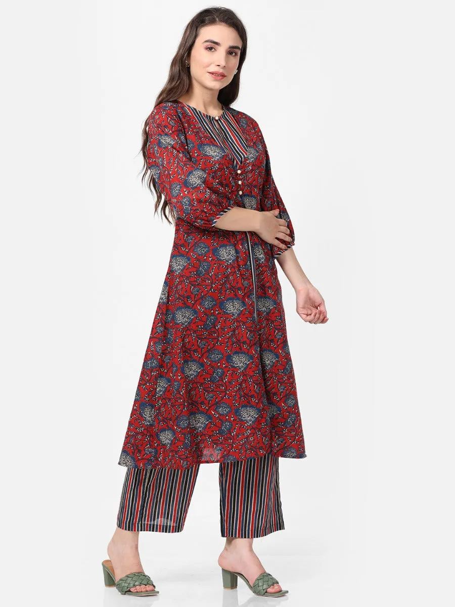 Dark Maroon Floral Printed Kurta Jacket Comfort Pant