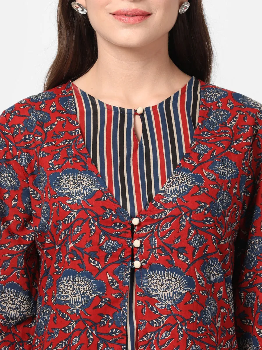 Dark Maroon Floral Printed Kurta Jacket Comfort Pant