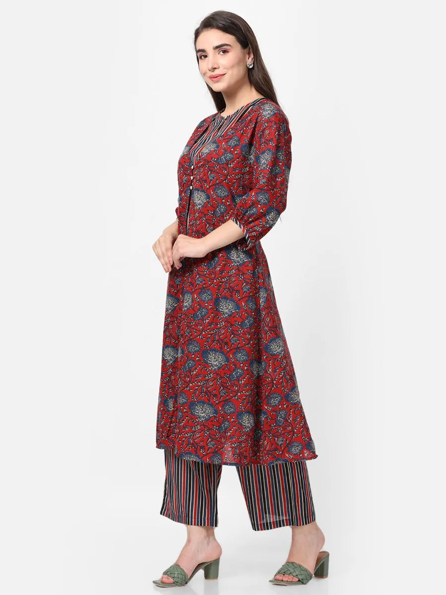 Dark Maroon Floral Printed Kurta Jacket Comfort Pant