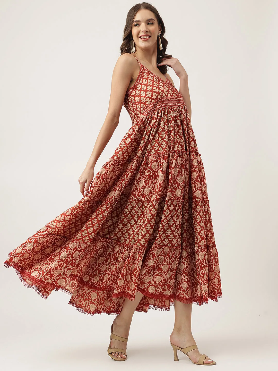 Divena Maroon Floral printed Cotton Tiered Dress with Smoking Back