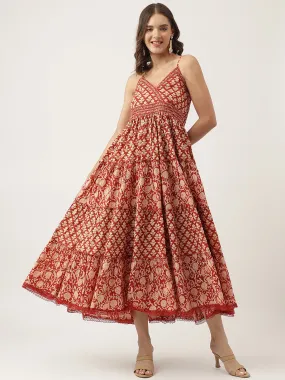 Divena Maroon Floral printed Cotton Tiered Dress with Smoking Back