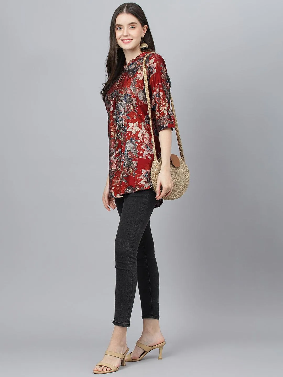 Divena Maroon Floral Printed Modal A-Line Shirts Style Top