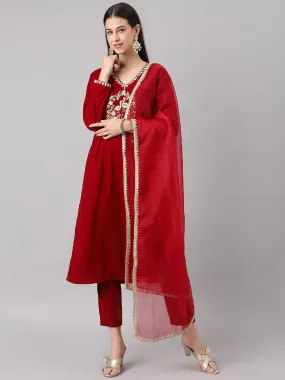 Divena Maroon Solid Valvet hand work Kurta pant With Organza Dupatta set