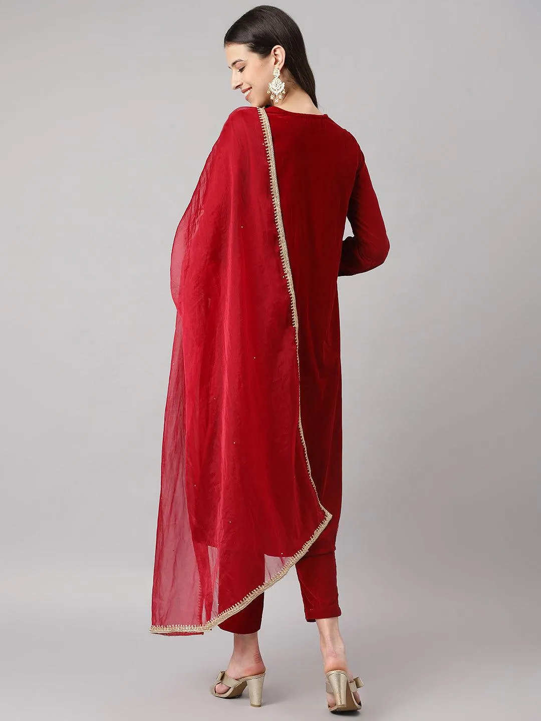 Divena Maroon Solid Valvet hand work Kurta pant With Organza Dupatta set