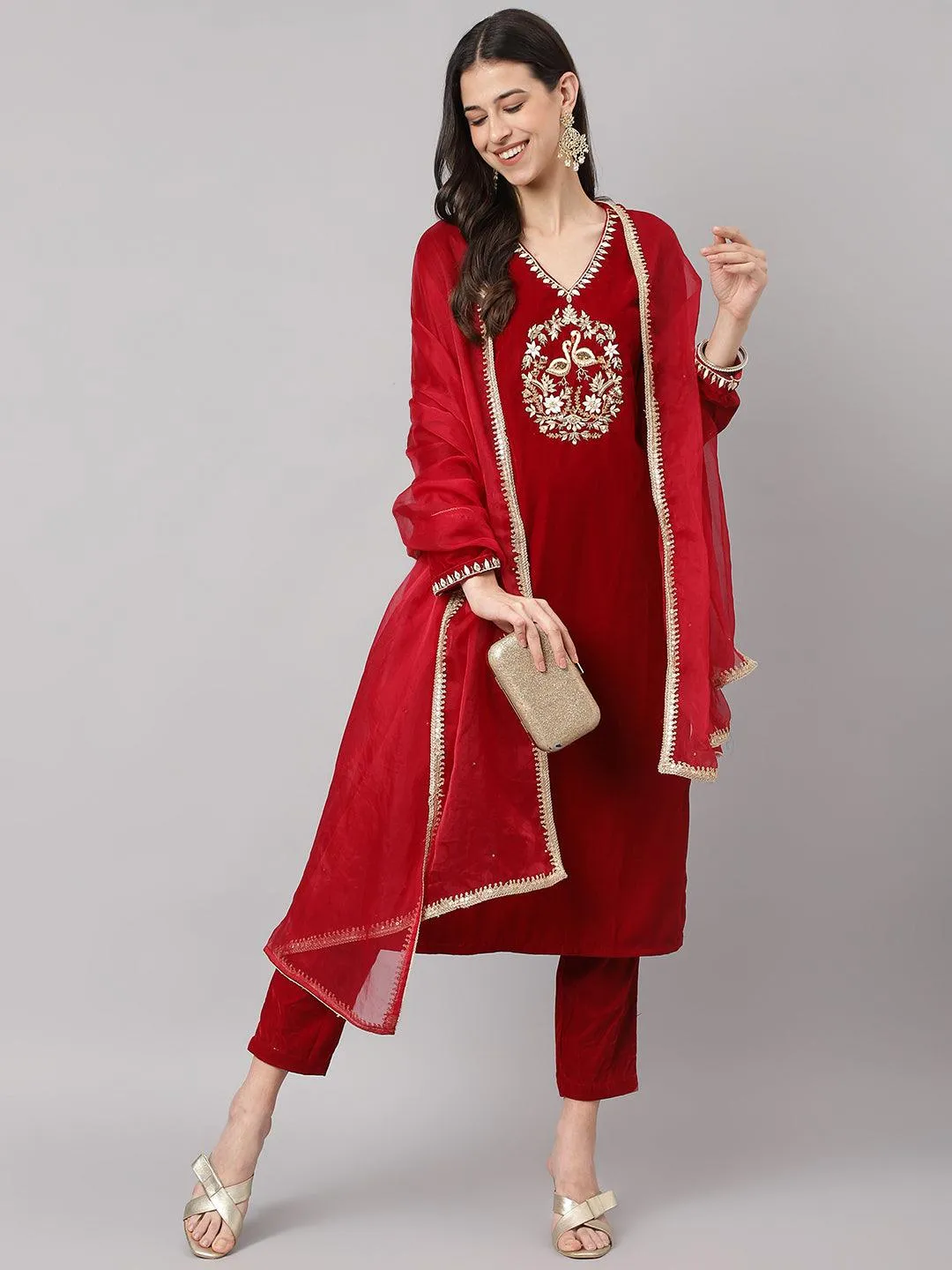 Divena Maroon Solid Valvet hand work Kurta pant With Organza Dupatta set