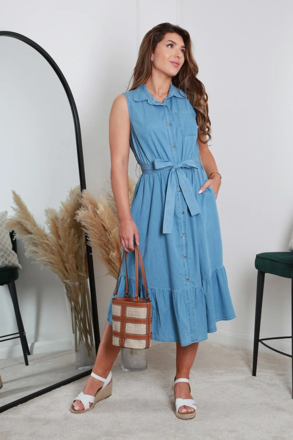 Double Second Belted Denim Chambray Shirt Dress