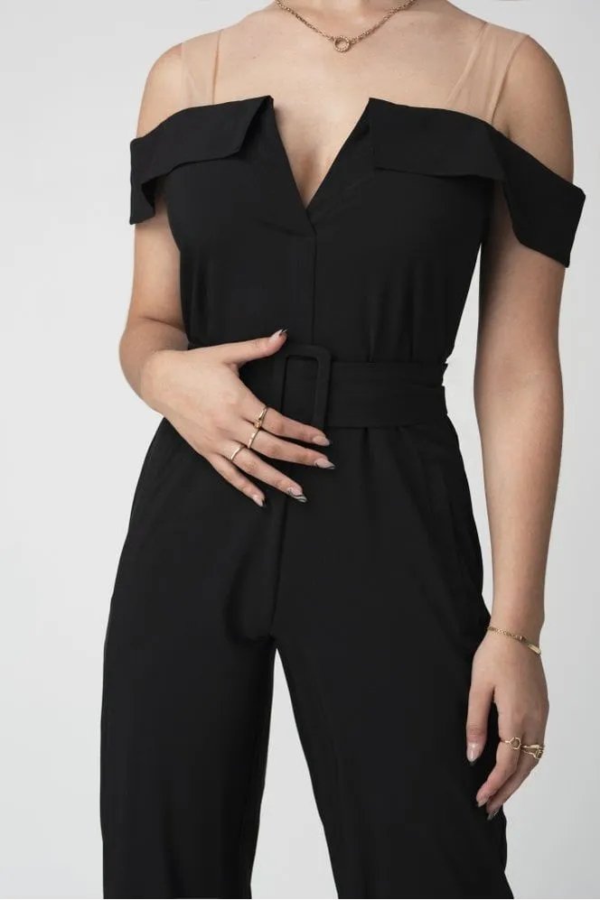 Double Second Black Off-shoulder Belted Shirt Jumpsuit