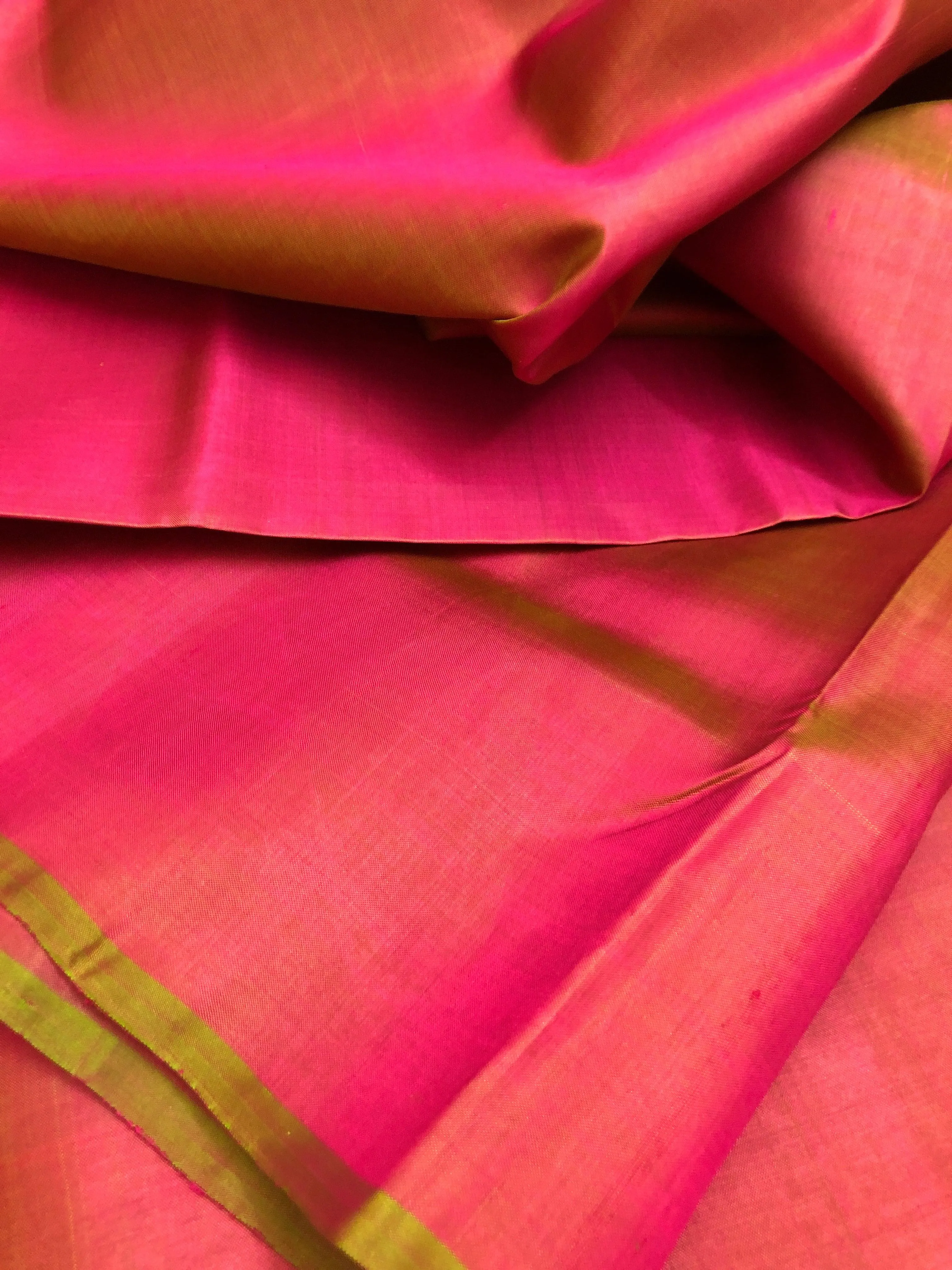 Dual Tone Coral Pink and Green Color Bishnupur Silk Saree with  Kalamkari Blouse Piece