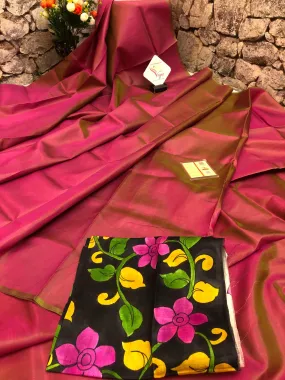 Dual Tone Coral Pink and Green Color Bishnupur Silk Saree with  Kalamkari Blouse Piece