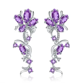 Elegant Amethyst Flower Drop Earrings - 925 Sterling Silver