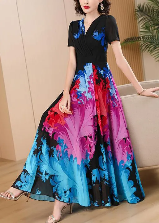 Elegant Black V Neck Print High Waist Chiffon Maxi Dresses Summer AS1085