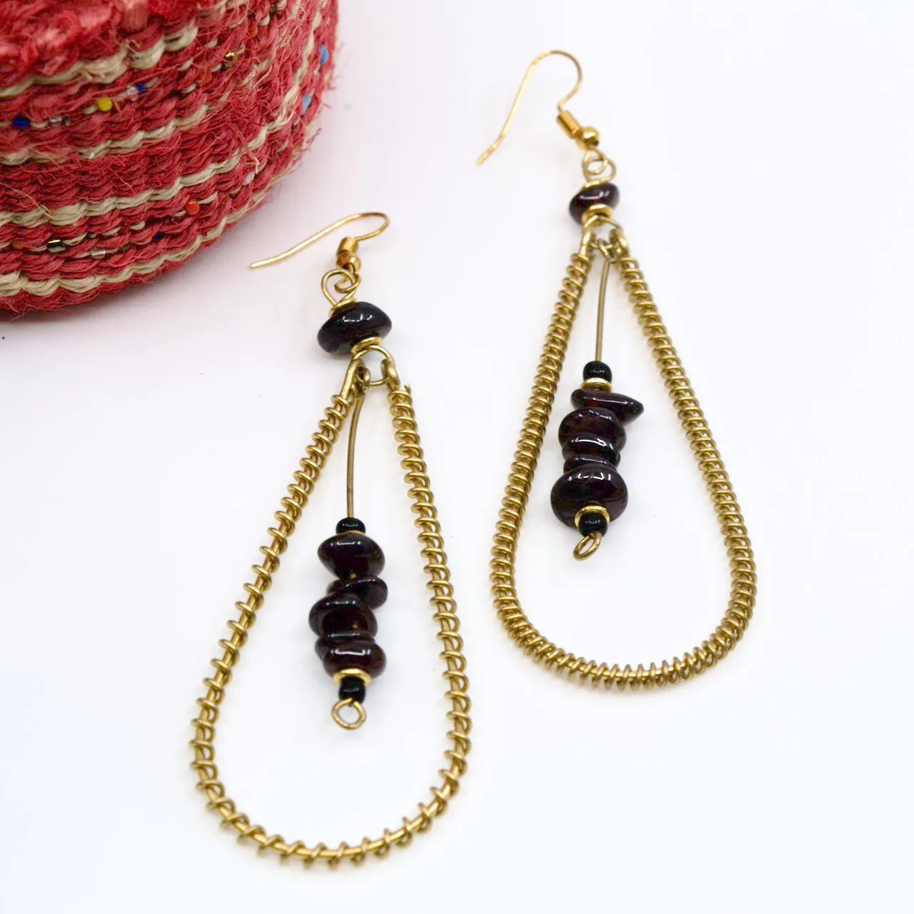 Elegant Garnet Bead Brass Strung Drop Earrings from Kenya