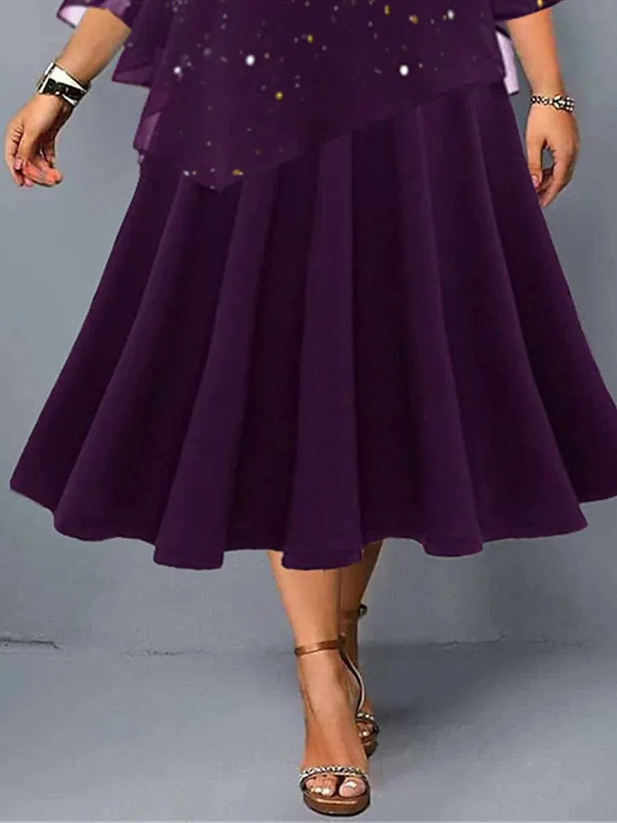 Elegant Gradient Midi Dress with Print Layered Crew Neck