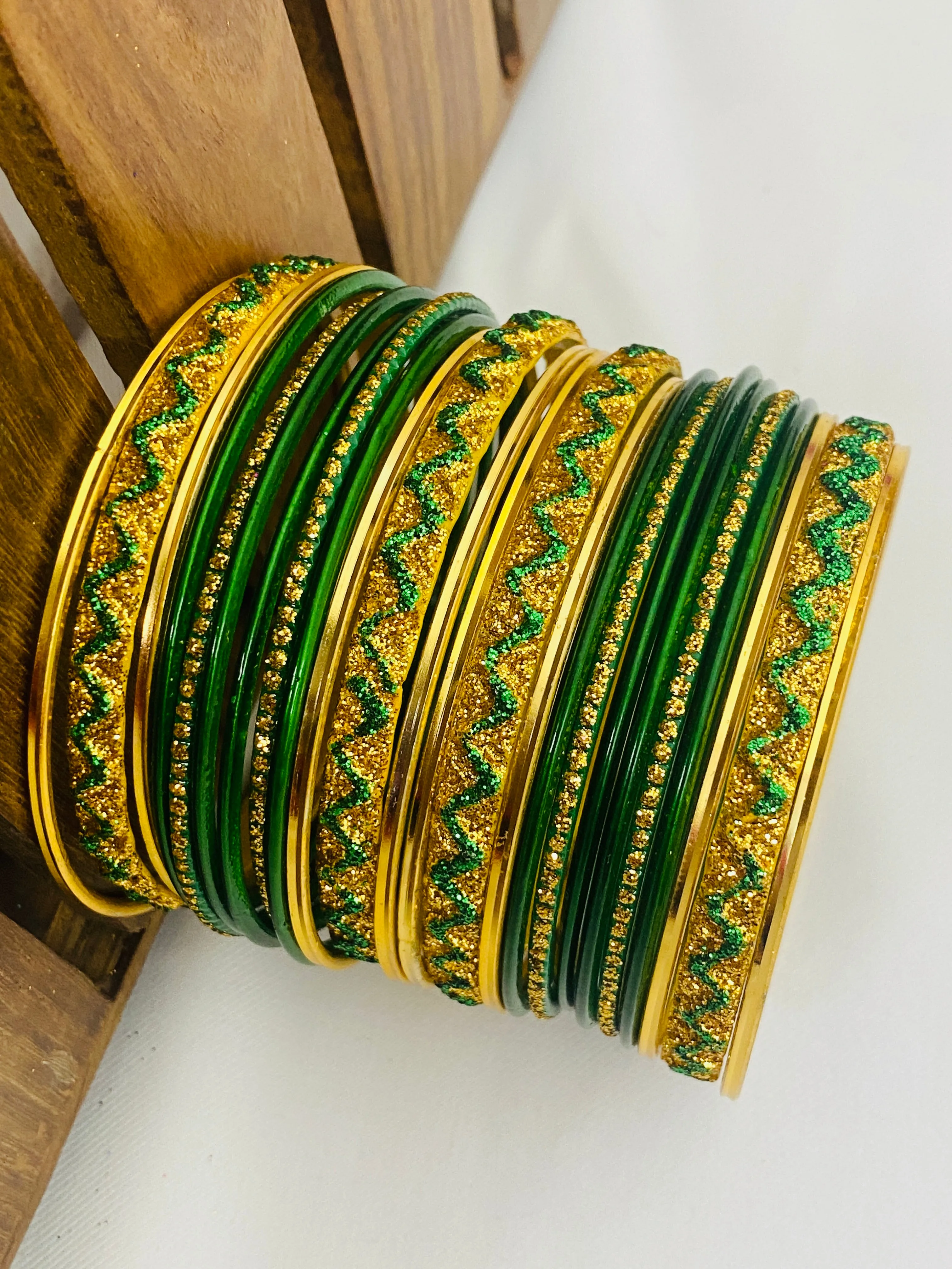 Elegant Green Color Ethnic Metal Bangles With Golden Glitters