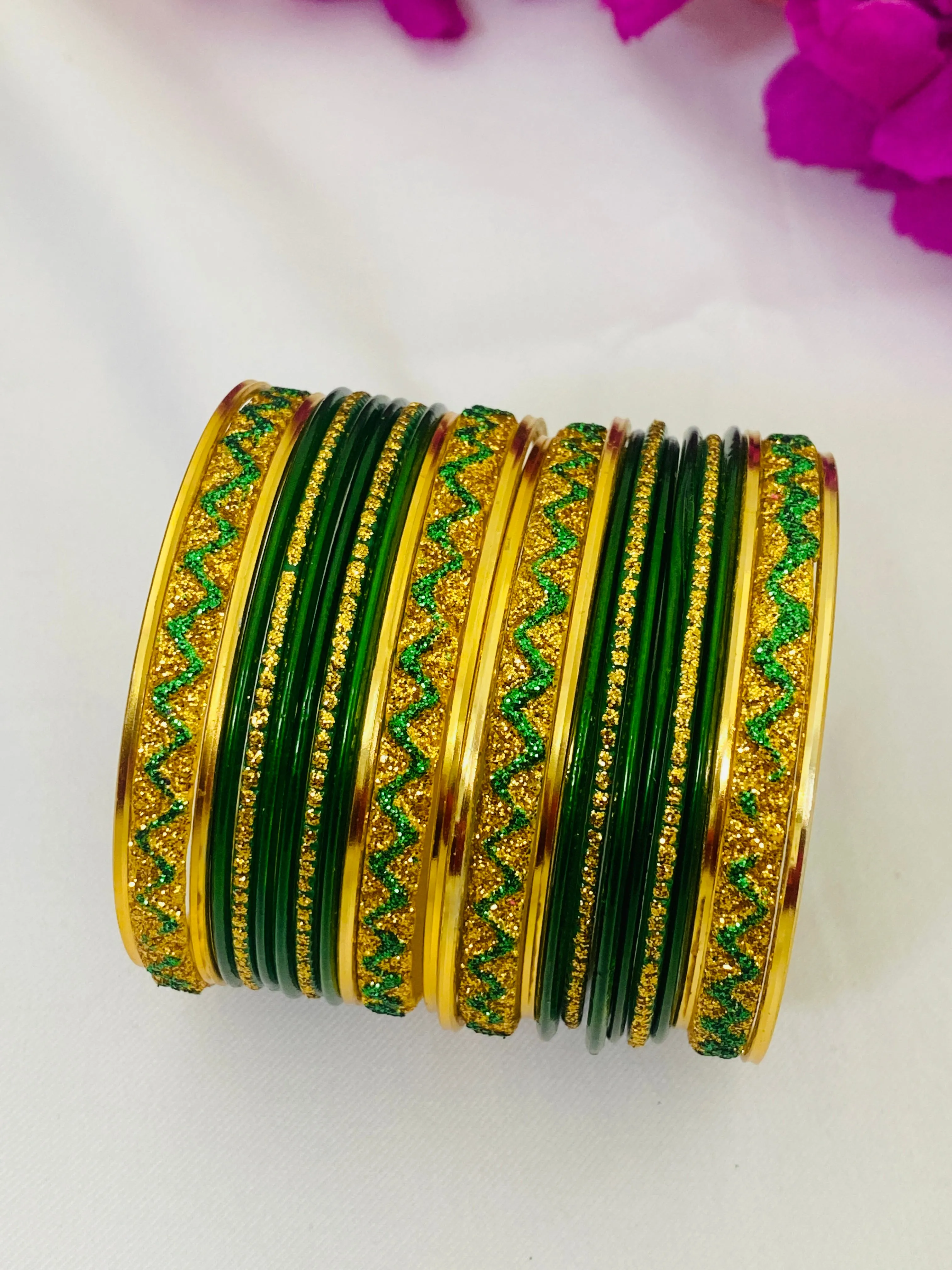 Elegant Green Color Ethnic Metal Bangles With Golden Glitters