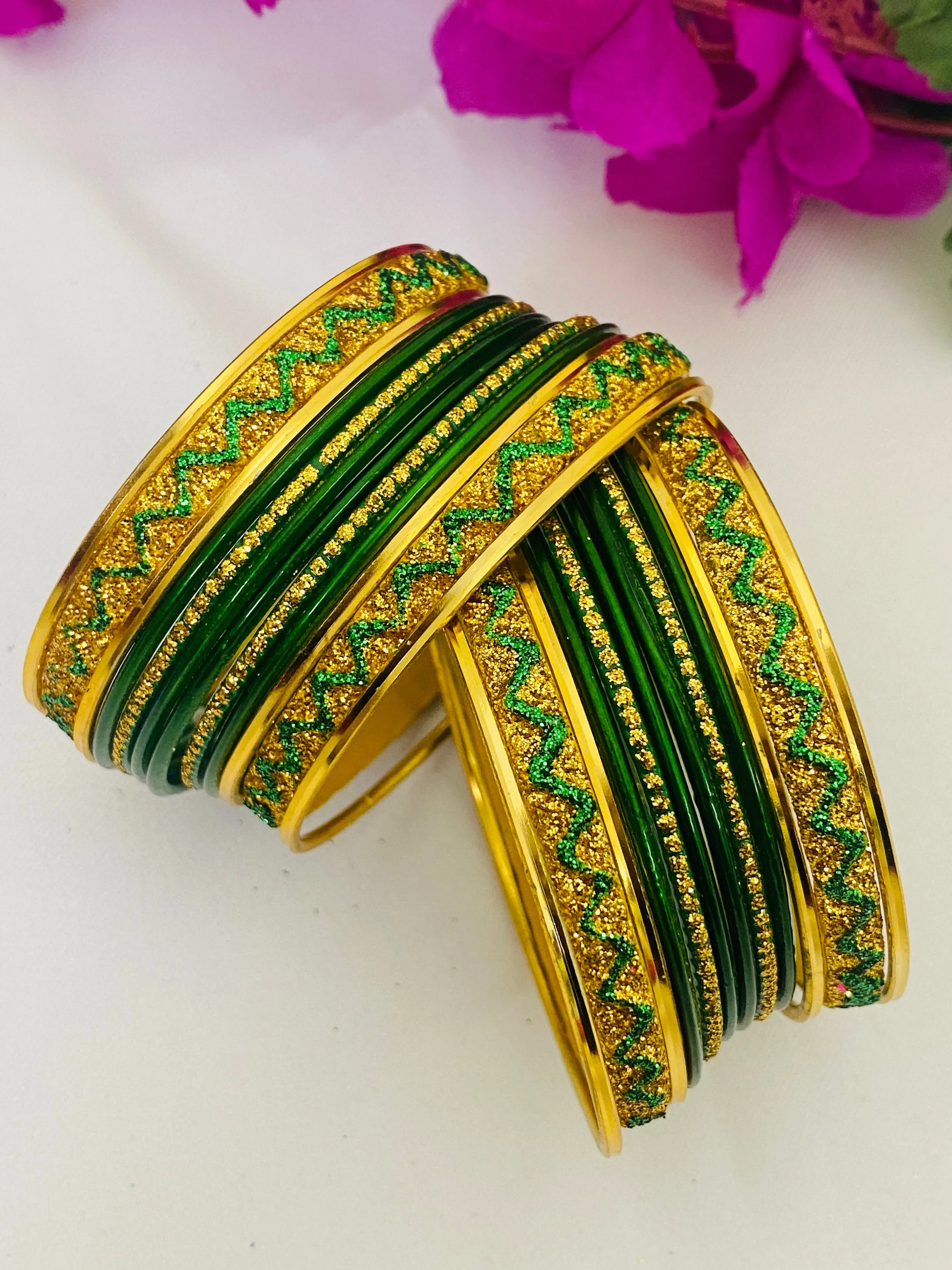 Elegant Green Color Ethnic Metal Bangles With Golden Glitters