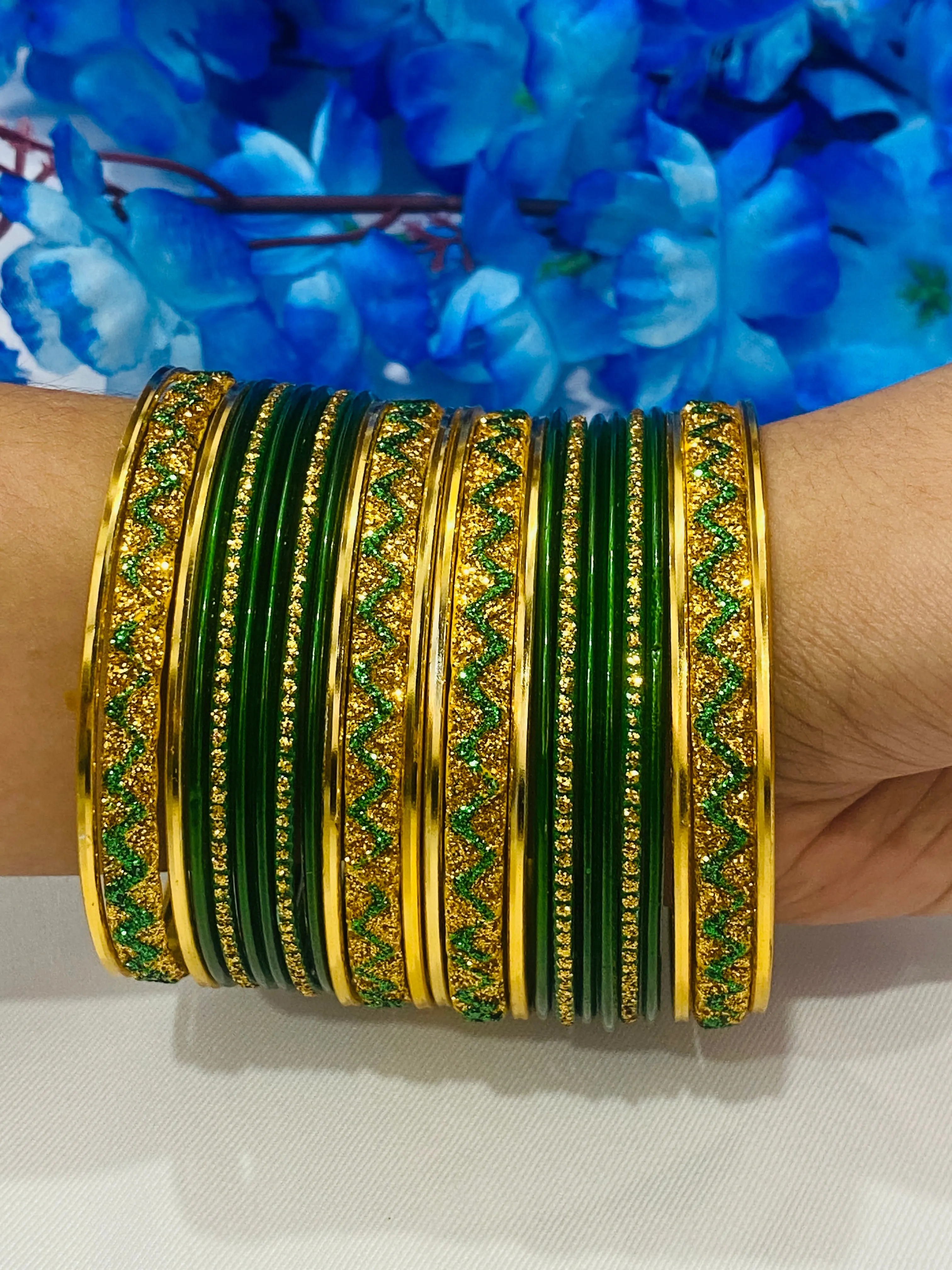 Elegant Green Color Ethnic Metal Bangles With Golden Glitters