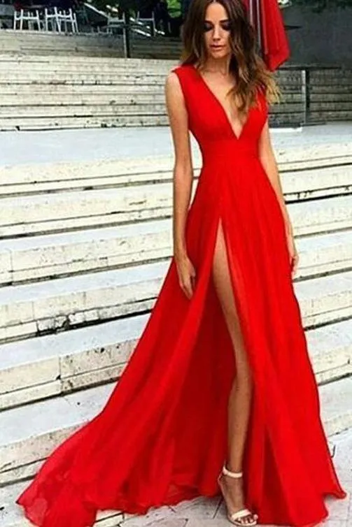 Elegant Red Split V-Neck A-Line Chiffon Sexy Floor-Length Prom Dresses