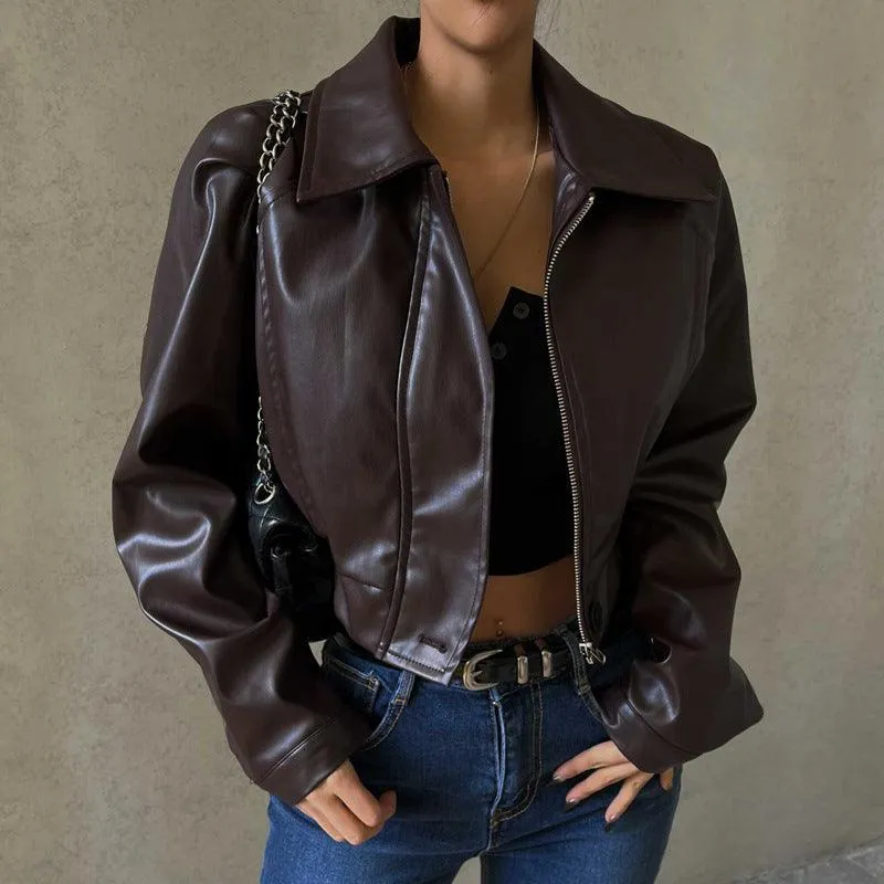 Elegant Retro Zipper PU Leather American Casual Jacket Coat